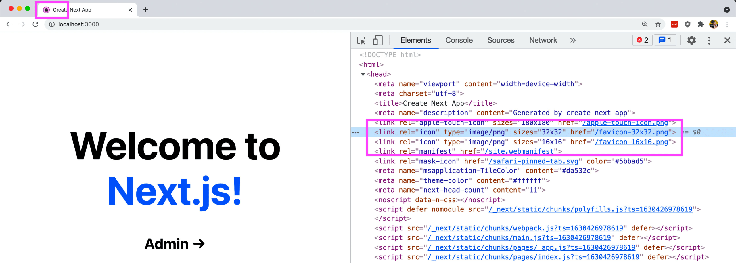 Next.js homepage with devtools showing stale favicon