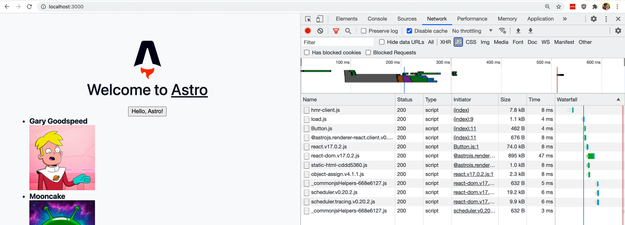 Chrome developer tools showing JavaScript loading from React Astro app