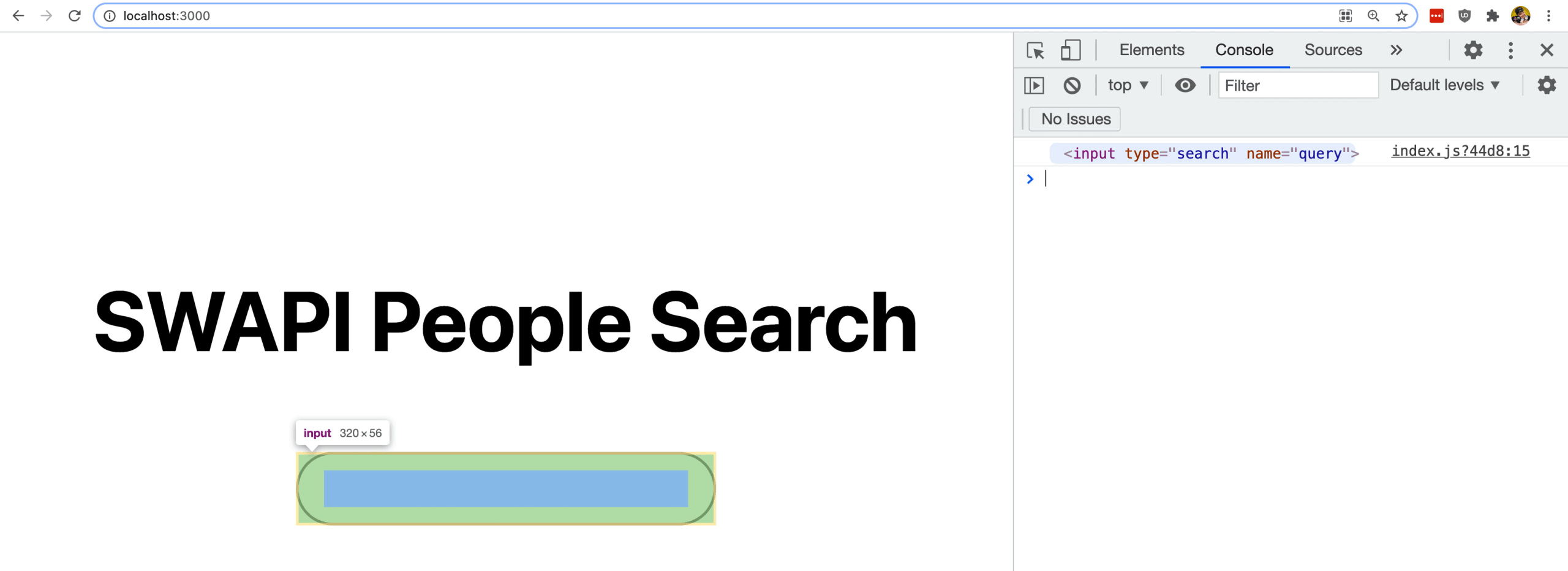 Hovering over input element in chrome devtools showing in browser