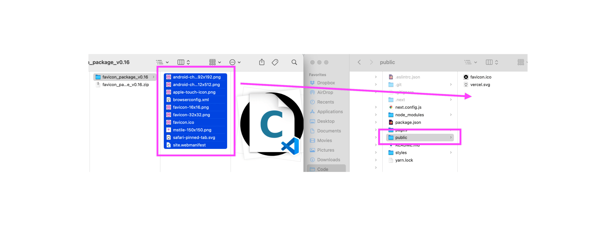 Mac Finder showing arrow to drag favicons to Next.js public folder