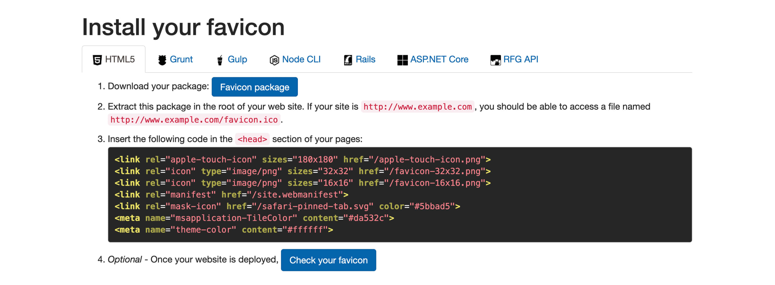 Favicon Generator installation instructions including downloading favicon package and HTML snippet
