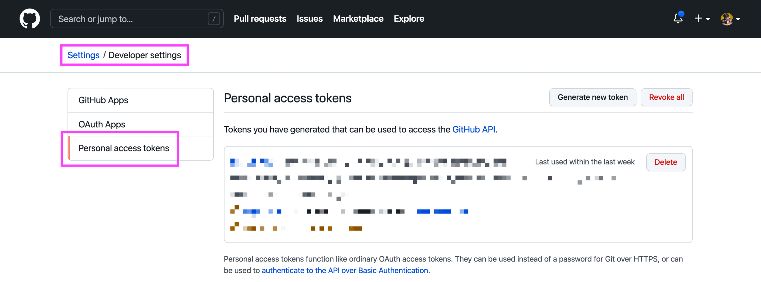 GitHub Developer Settings Personal Access Tokens page