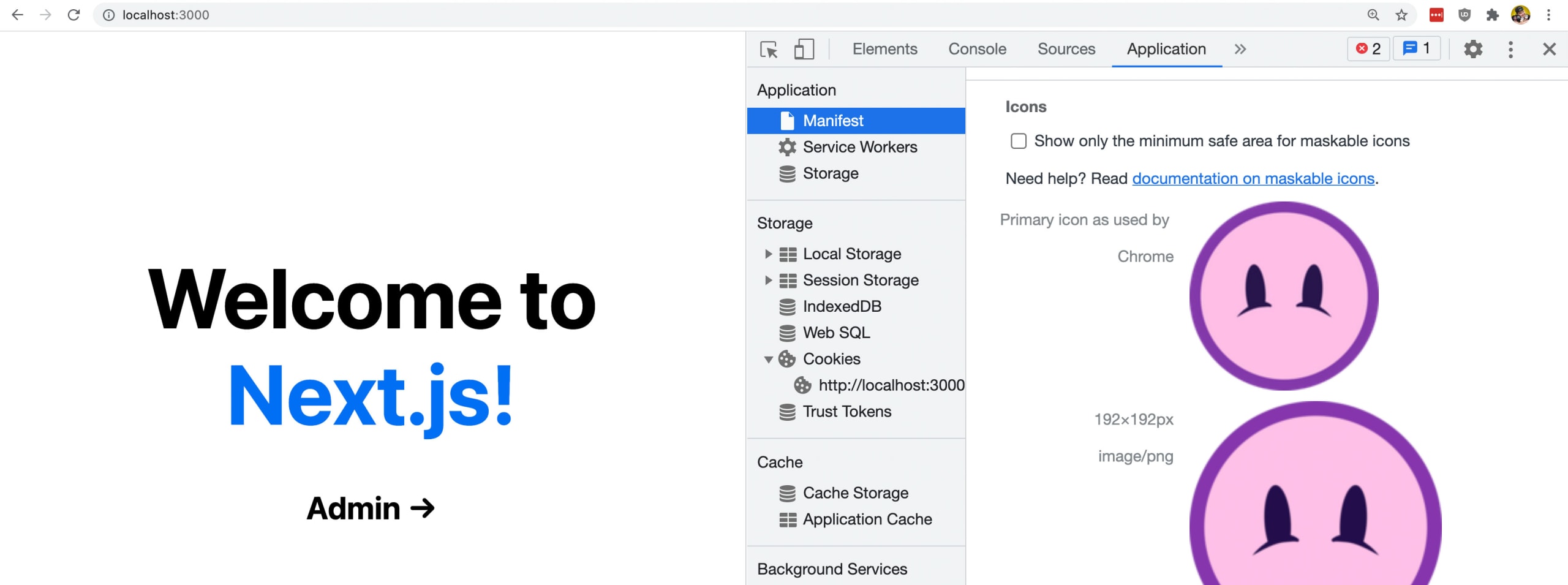 Next.js app with dev tools open showing web manifest with app icons
