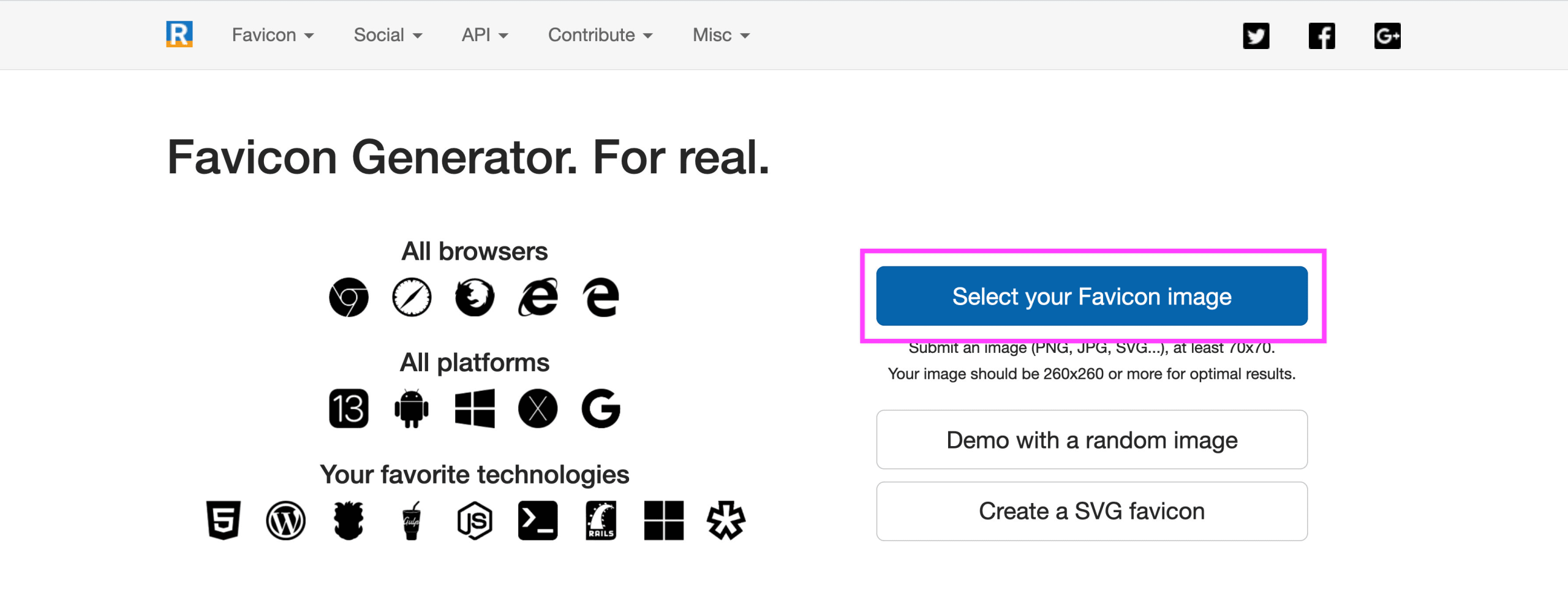 Favicon Generator highlighting Select your Favicon image button