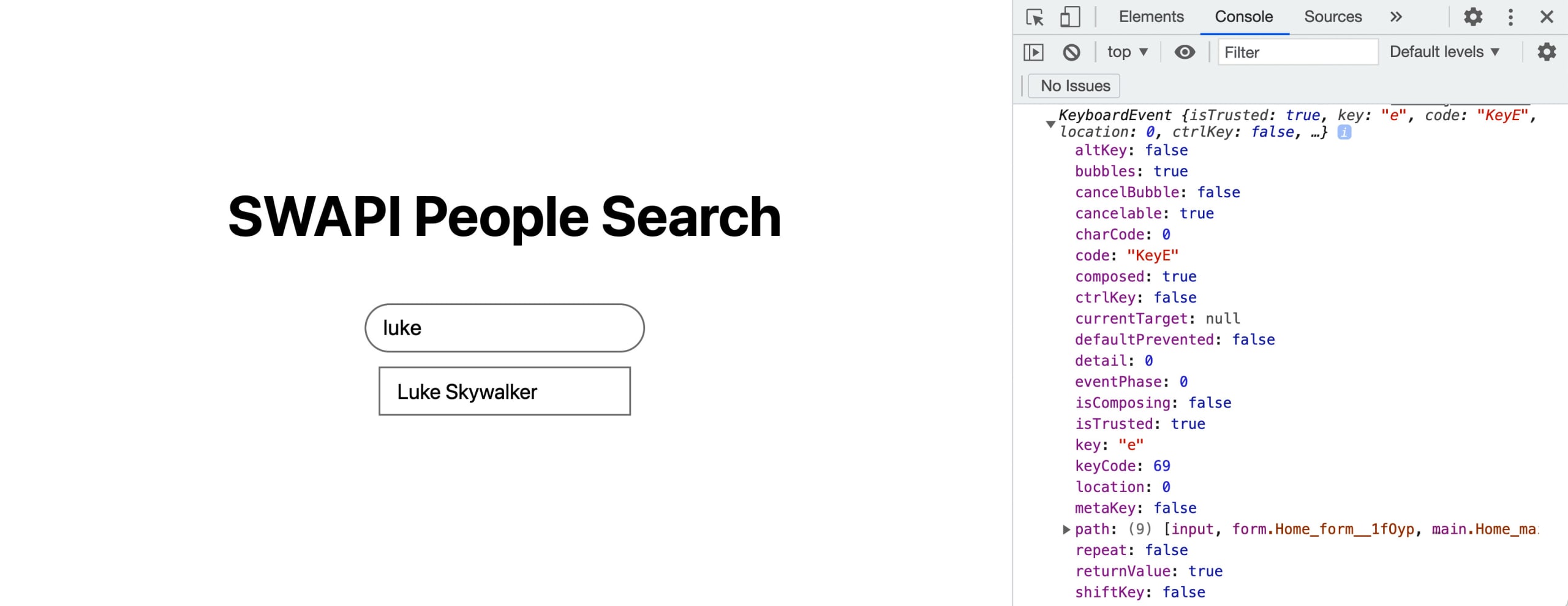 Web console showing keyboard event from search autocomplete
