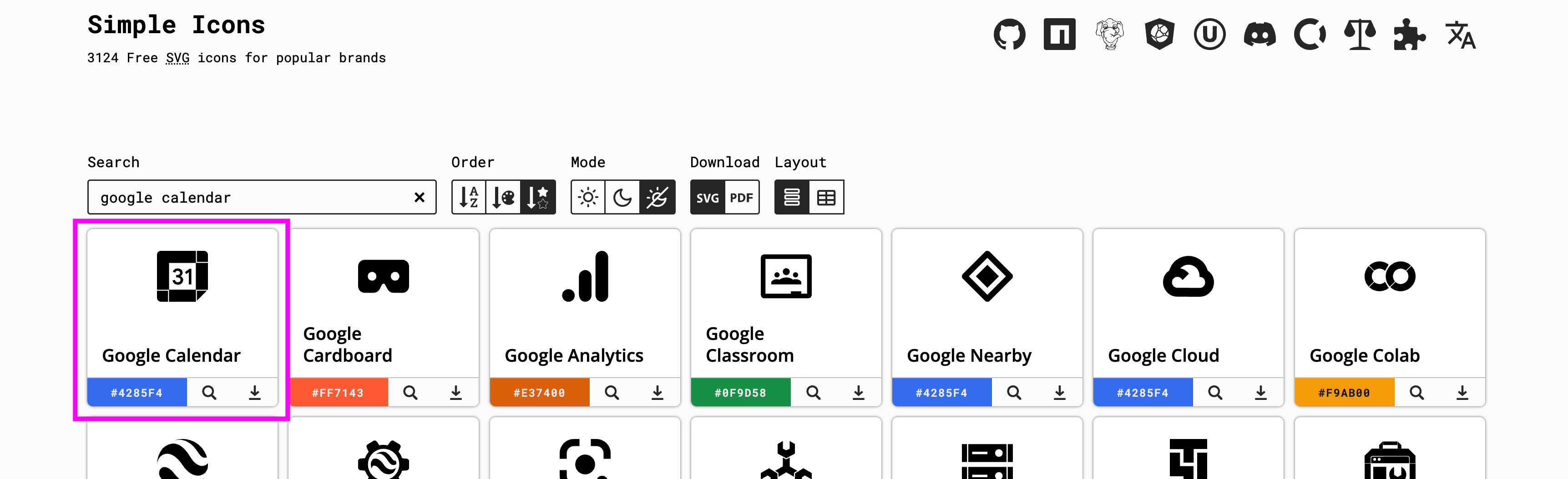 Simple Icons searching for "google calendar"
