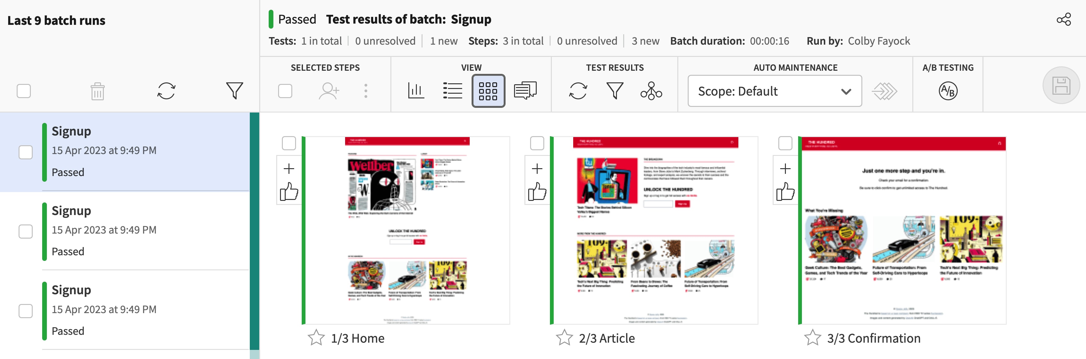 Applitools showing Signup test with 3 checkpoints