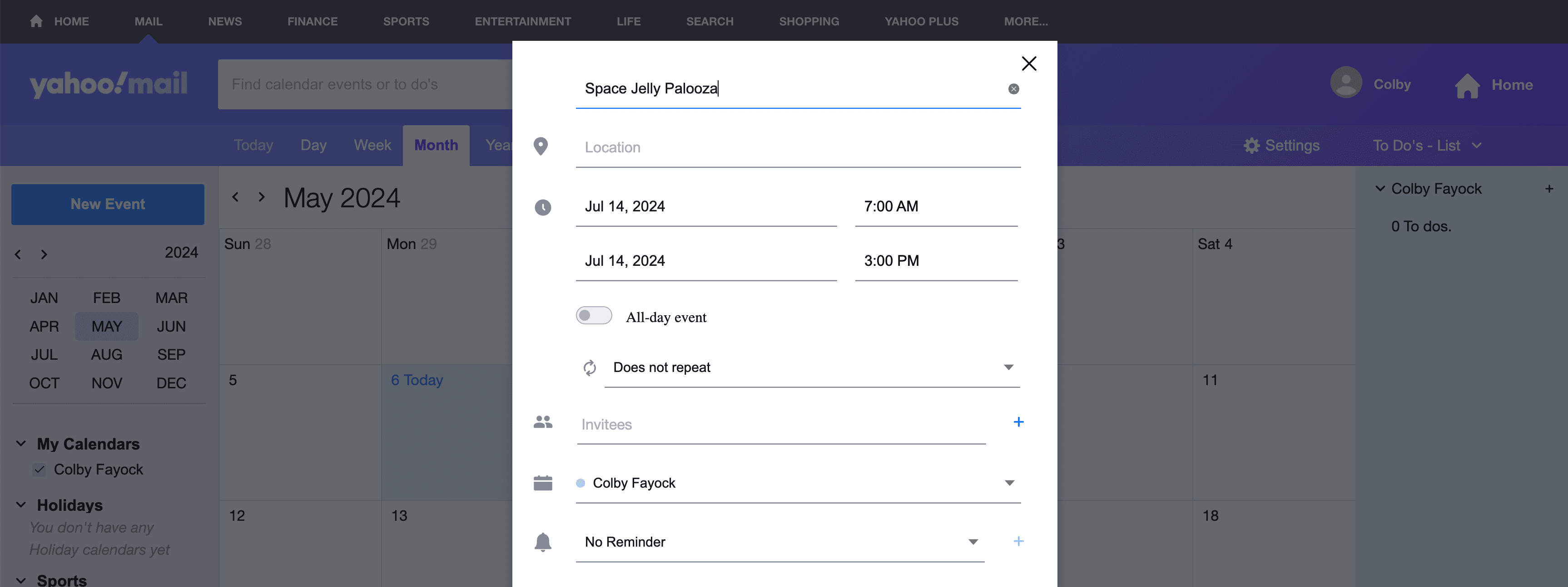 Adding a new event on Yahoo