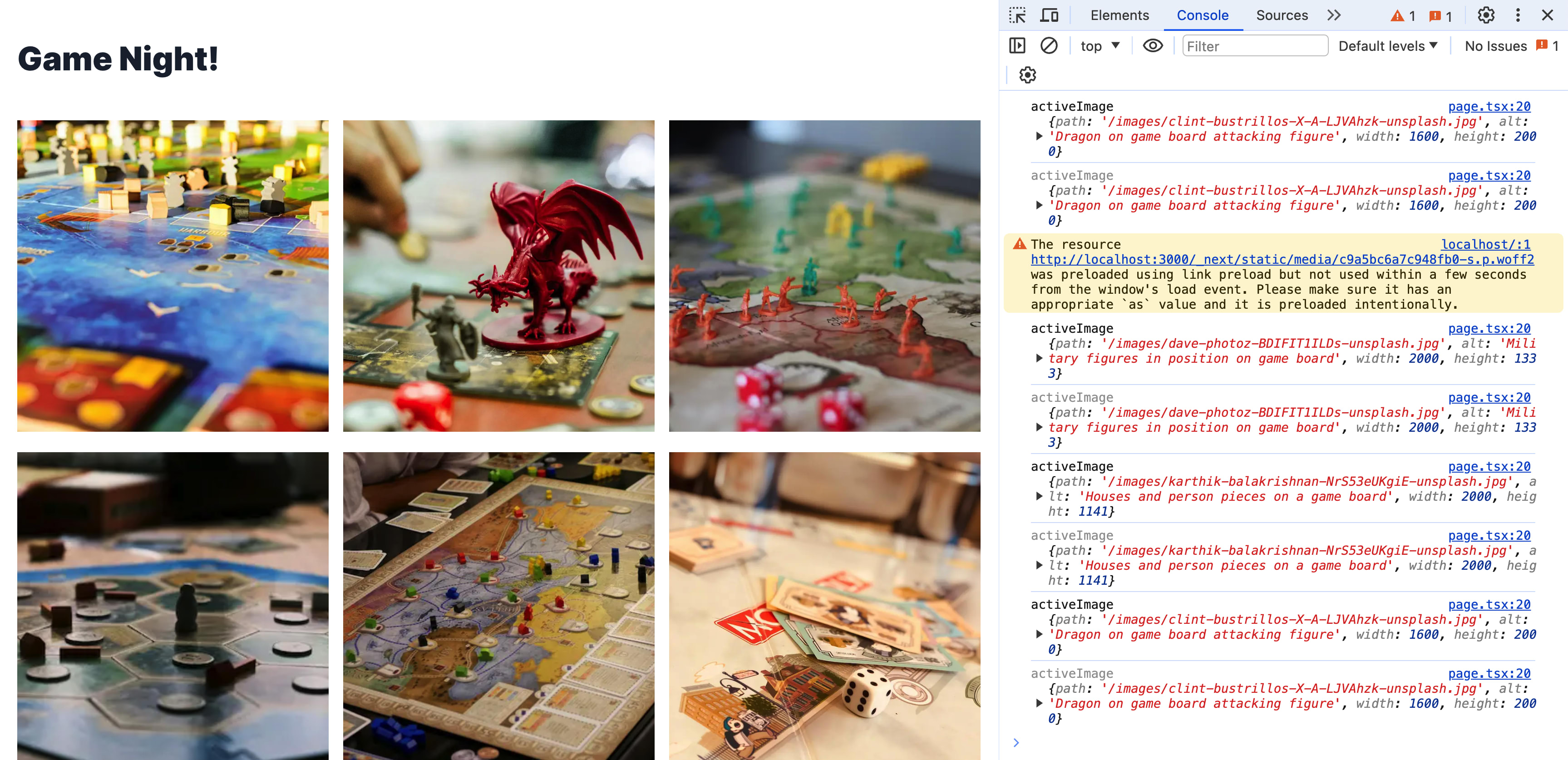 Web console showing image values after clicking around