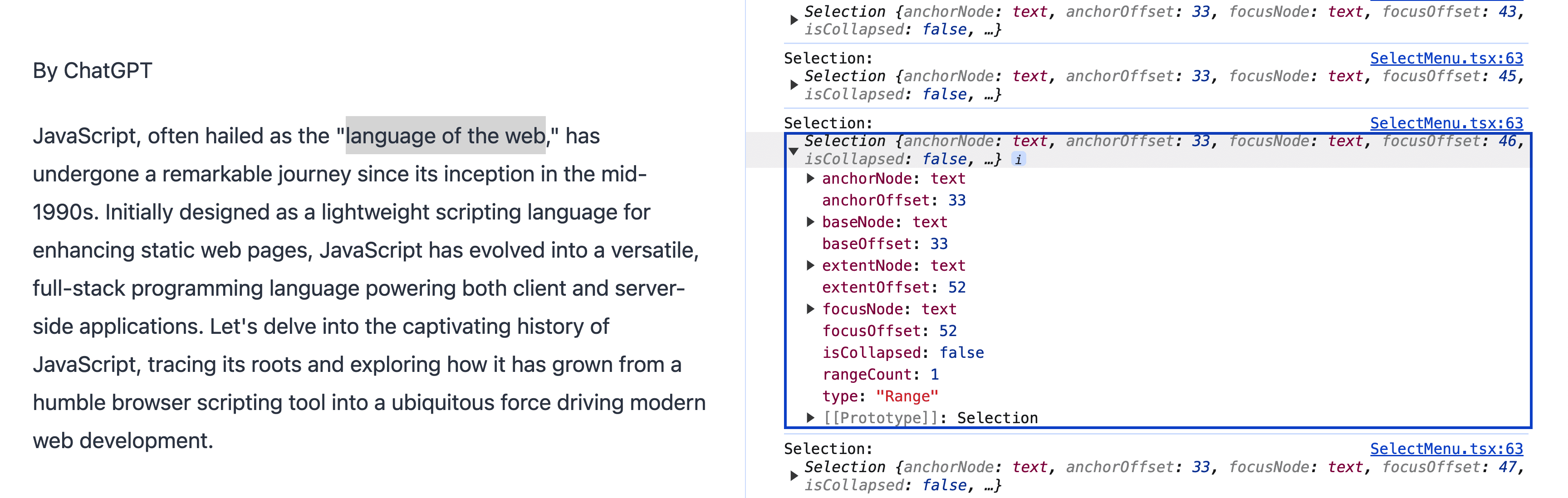 Web console showing Selection object