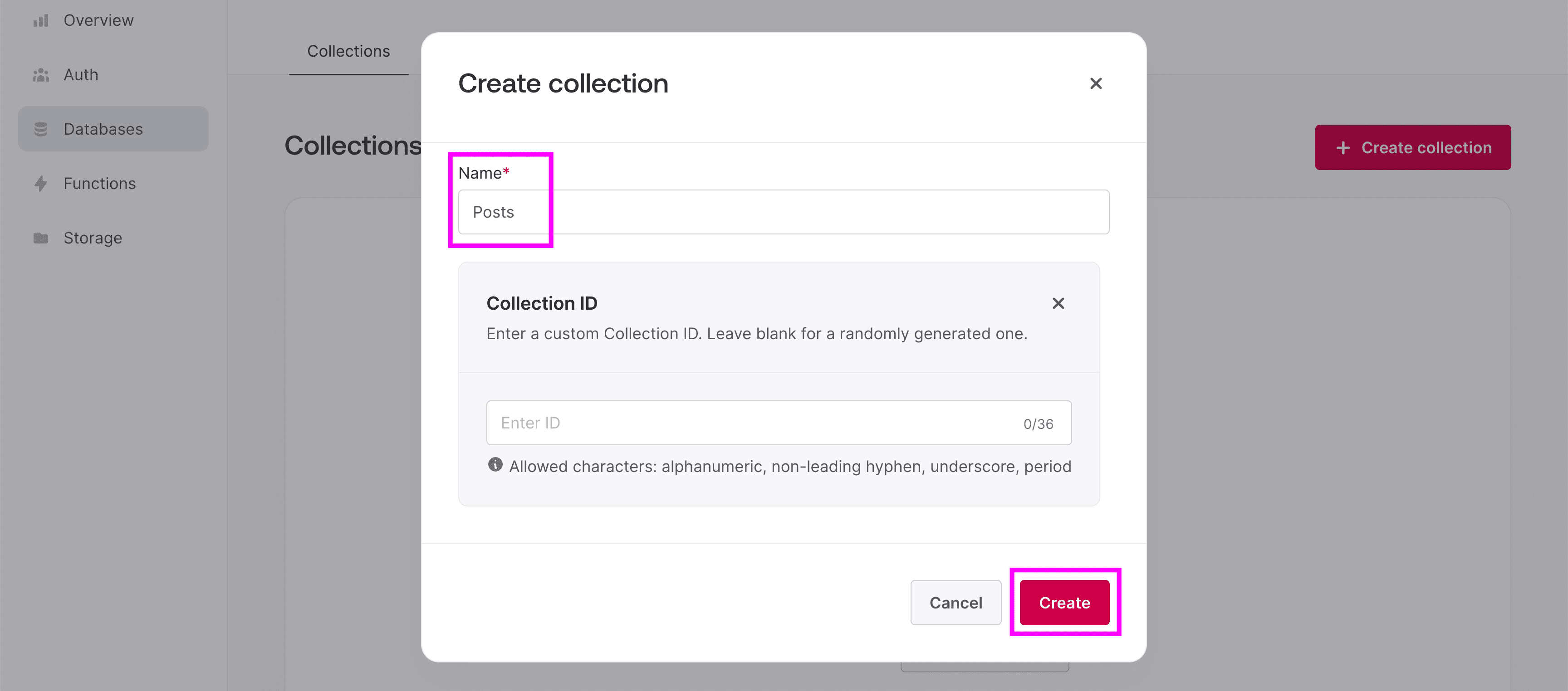 Creating a new Database Collection