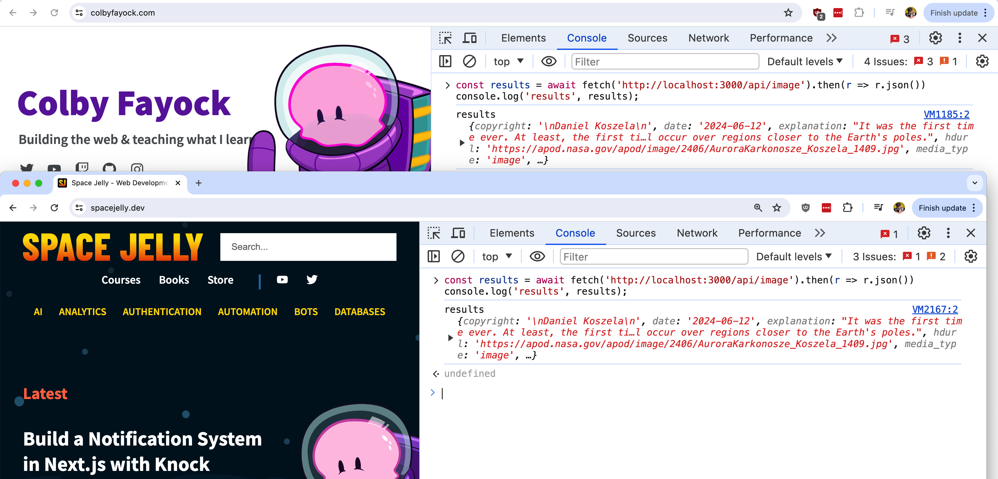 Cross-origin request from colbyfayock.com and spacejellydev
