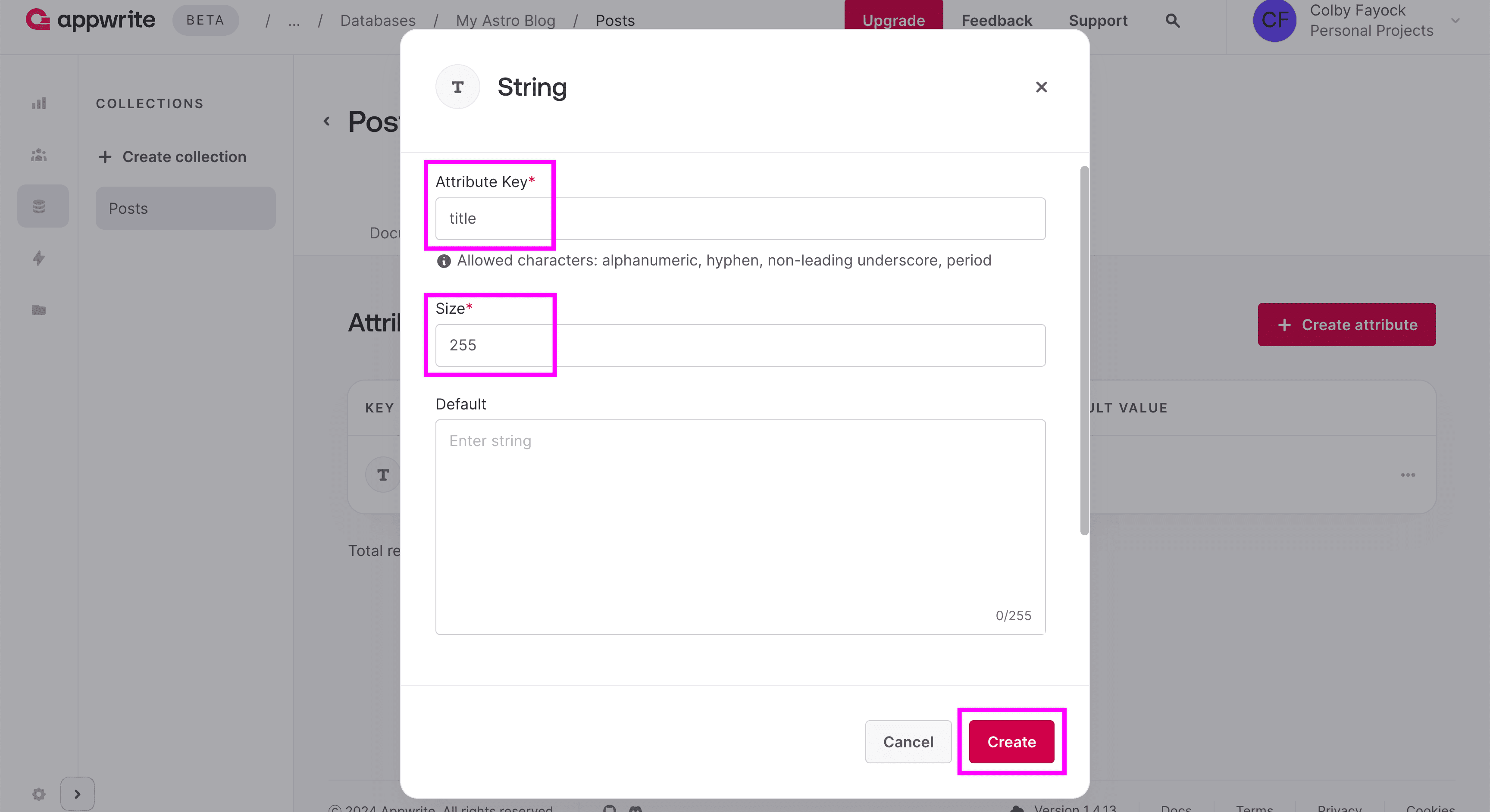 Creating new attributes in Appwrite