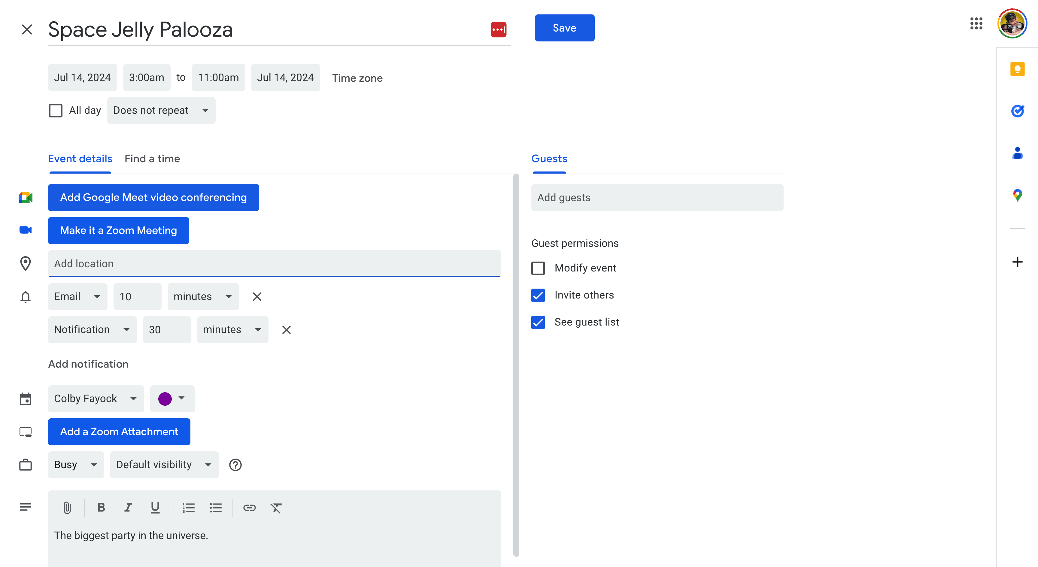 Creating a new event from a templated link
