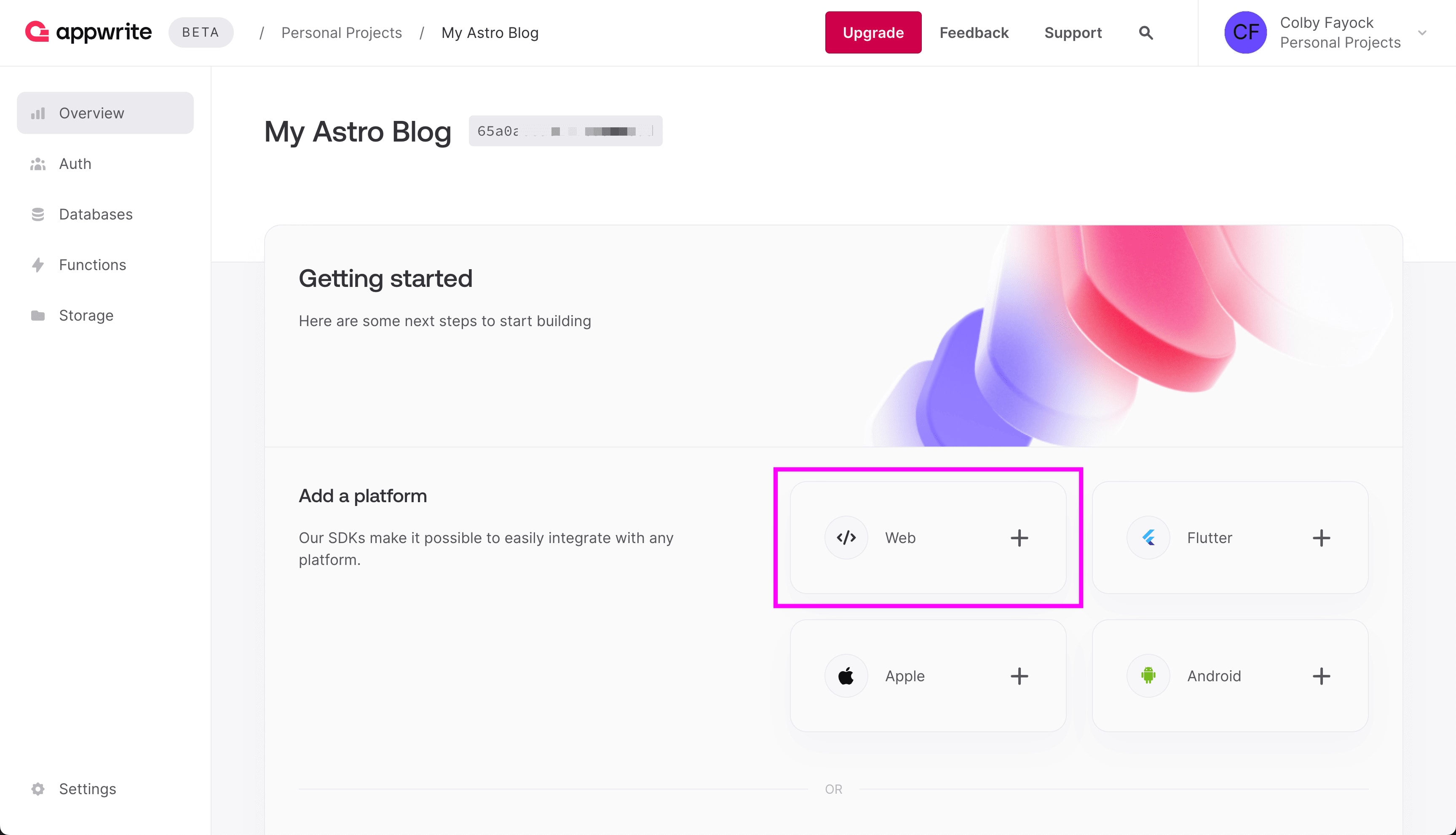 Selecting Web Platform in Appwrite project