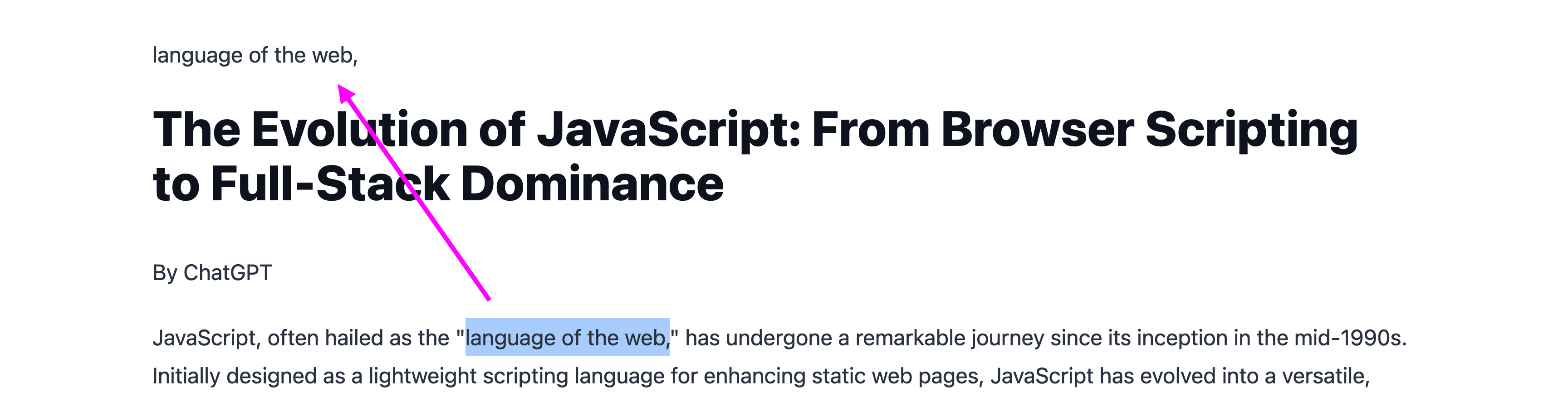 Selected text rendered to the page