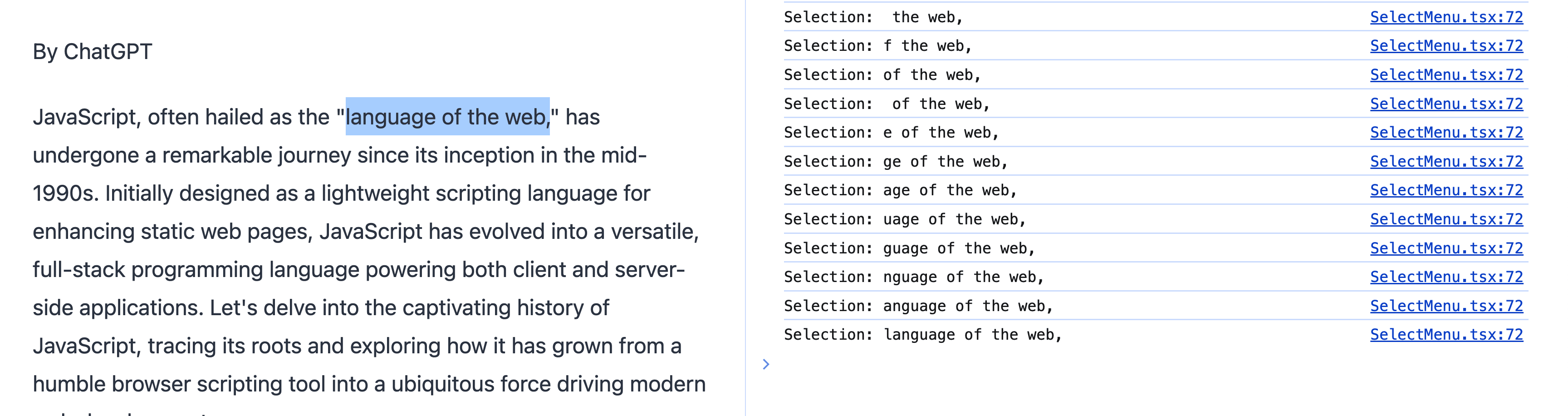 Web console showing selected text string