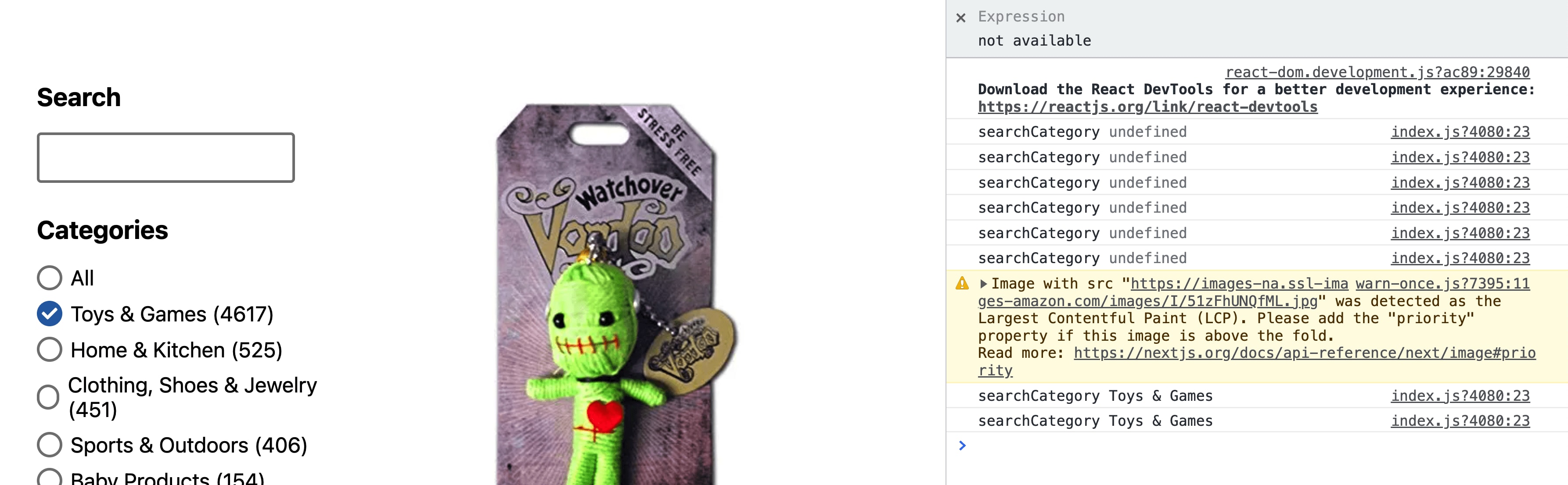 Browser console showing selected category value