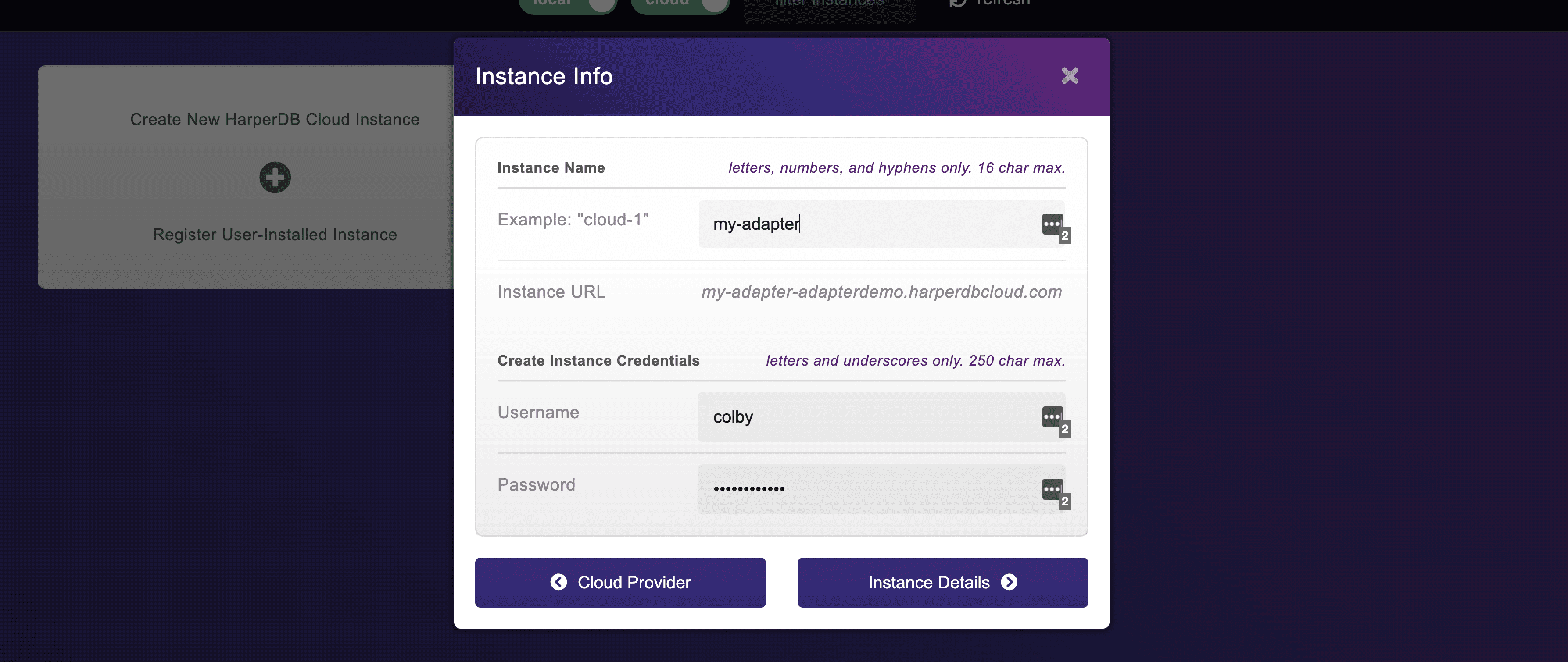 Setting up database info for new instance