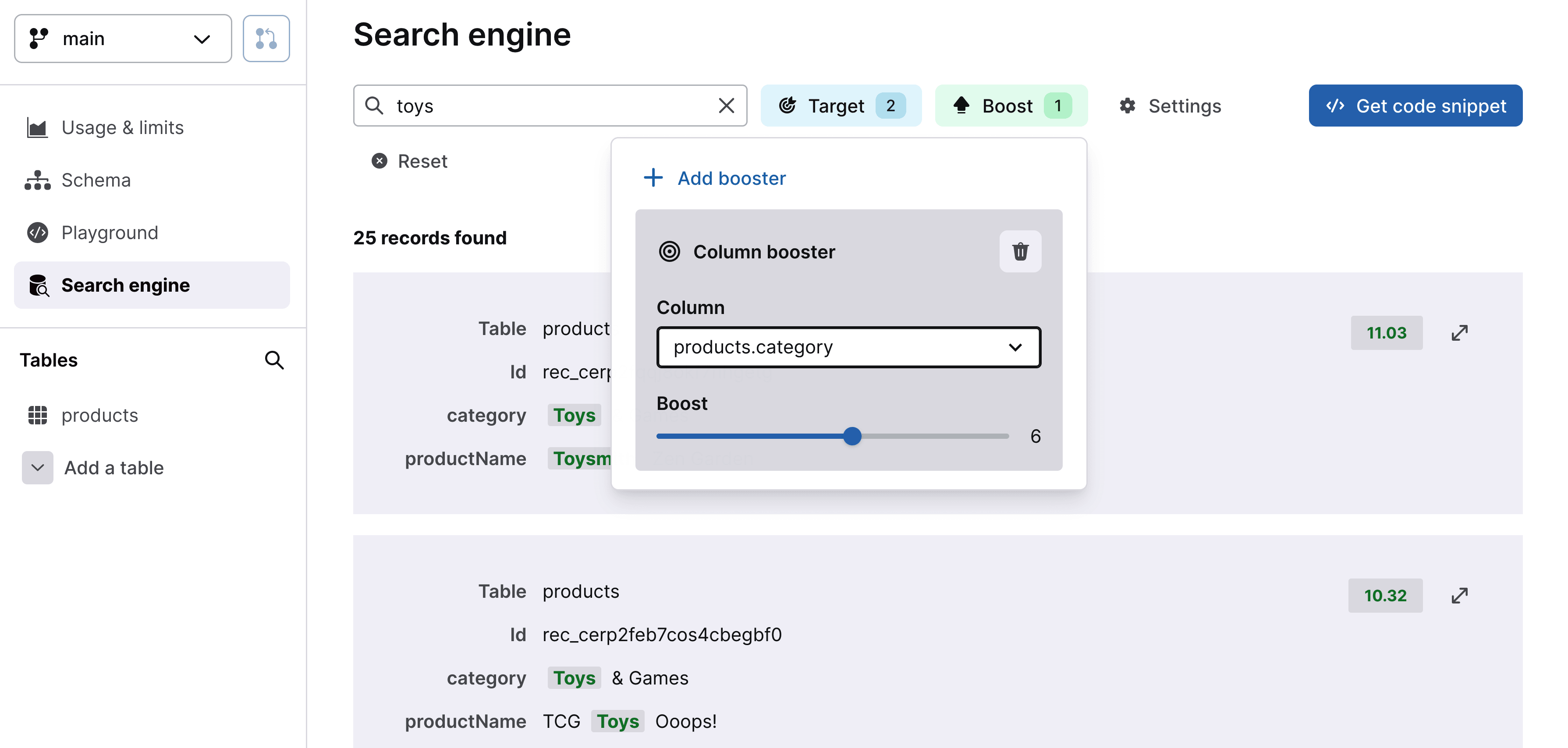 Search engine showing category as selected boosted column