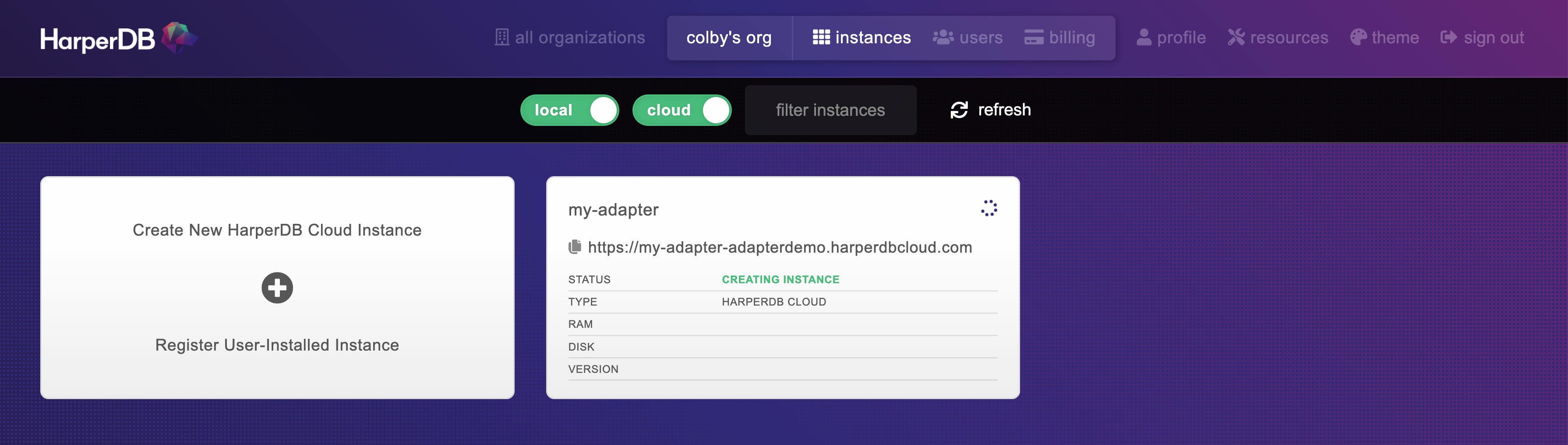 HarperDB studio dashboard showing new database instance