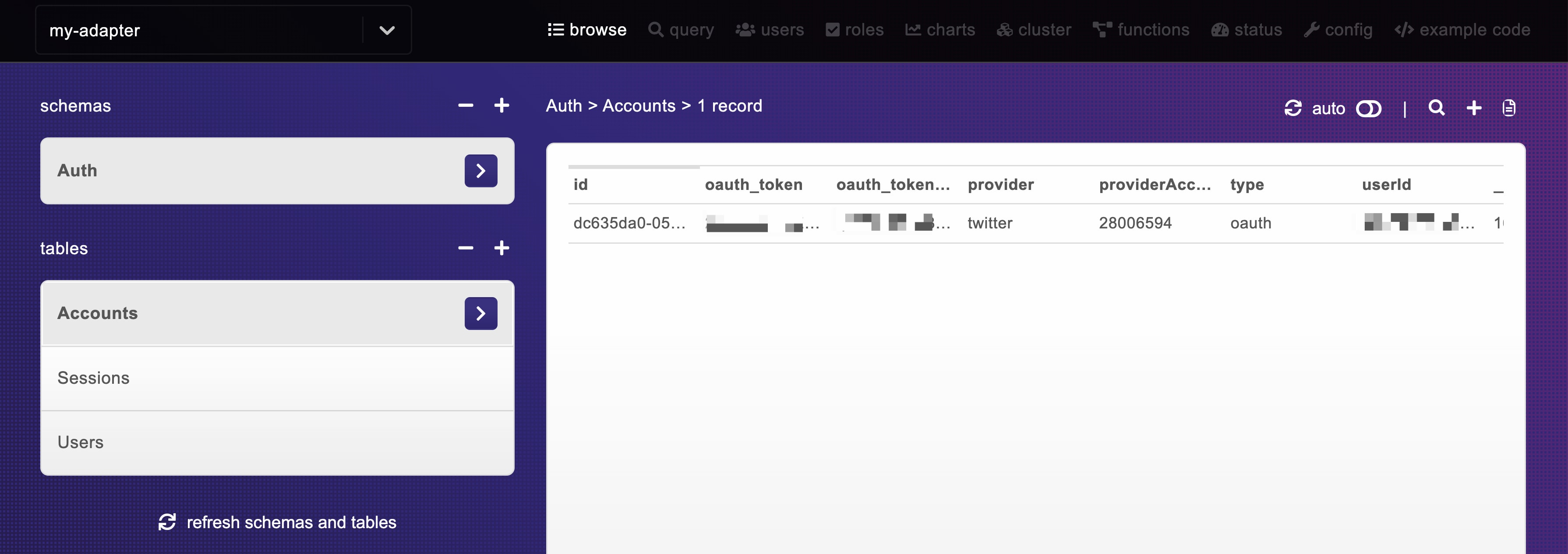 Auth Schema showing Accounts table with entry from login