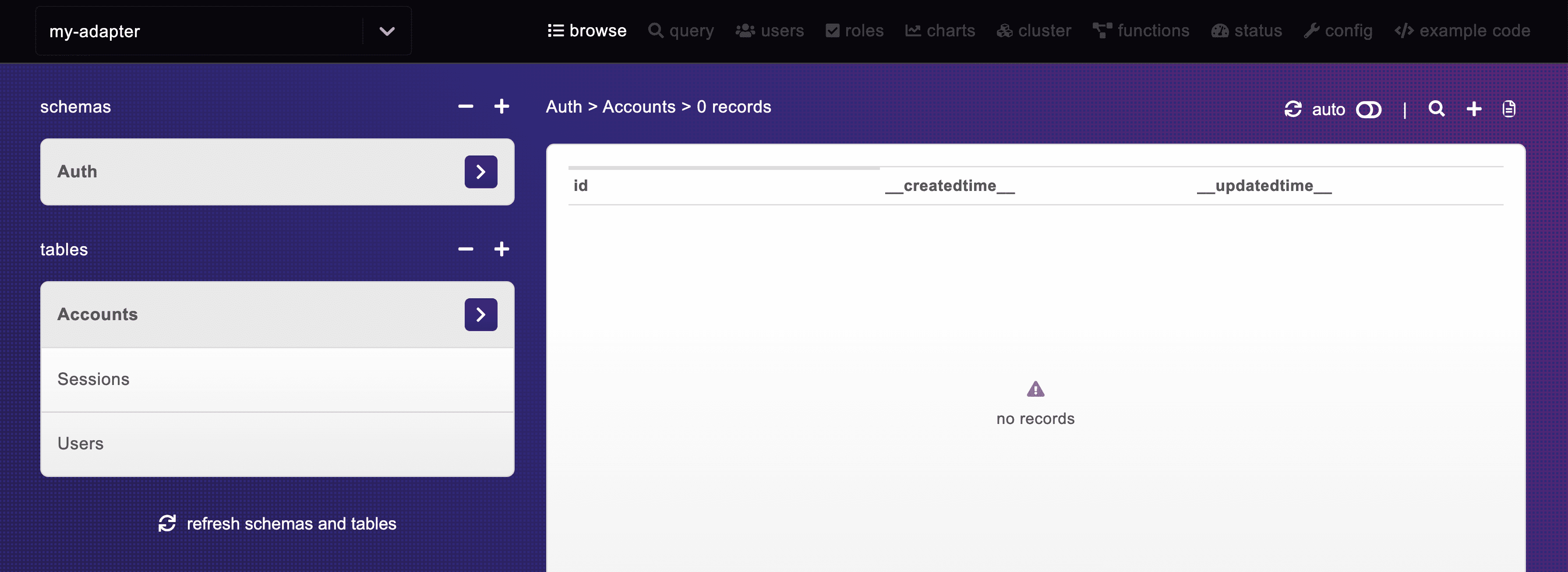 Instance showing Auth schema including Accounts, Sessions, and Users tables