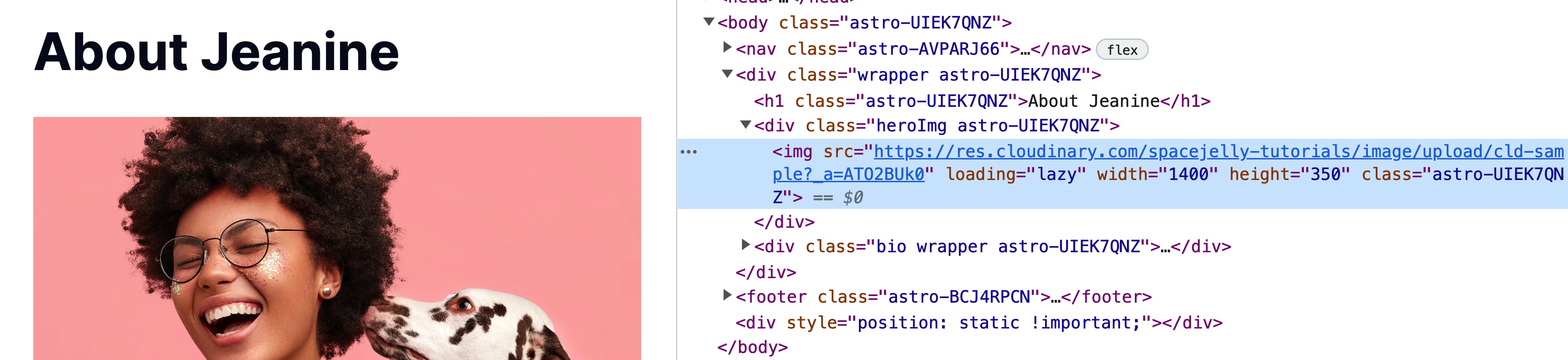 Browser with element inspector showing new image delivered from Cloudinary