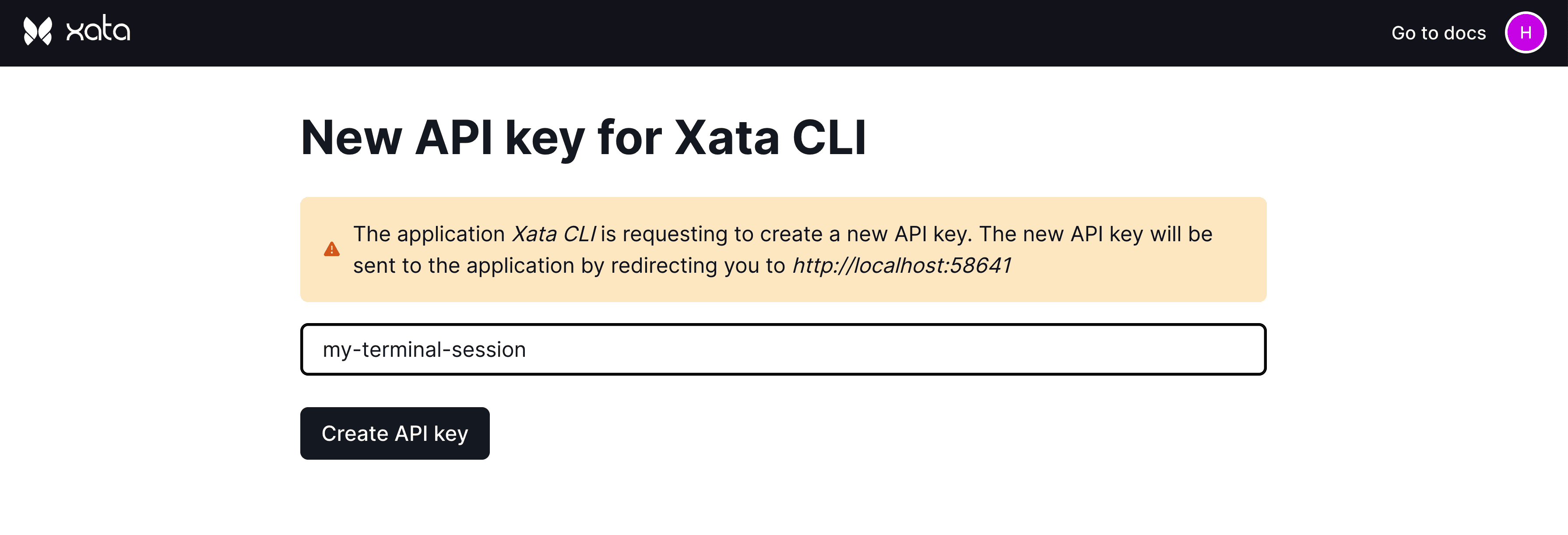 Xata in browser creating new API key asking for name