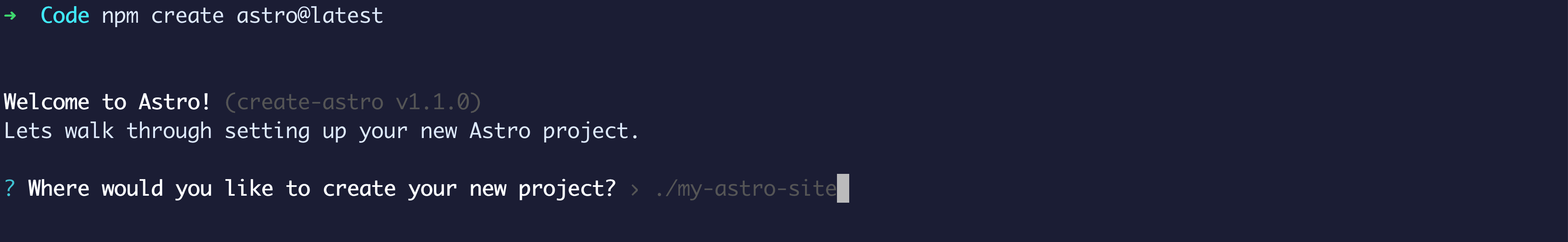 Terminal showing prompt for where to create new project