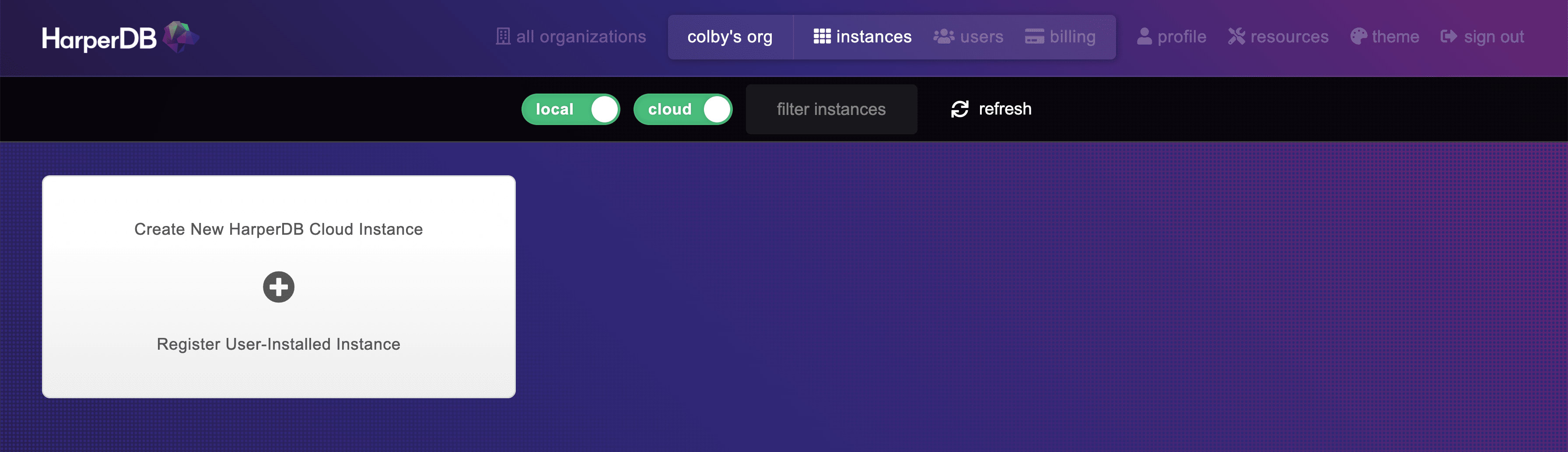 HarperDB Studio UI with new instance button