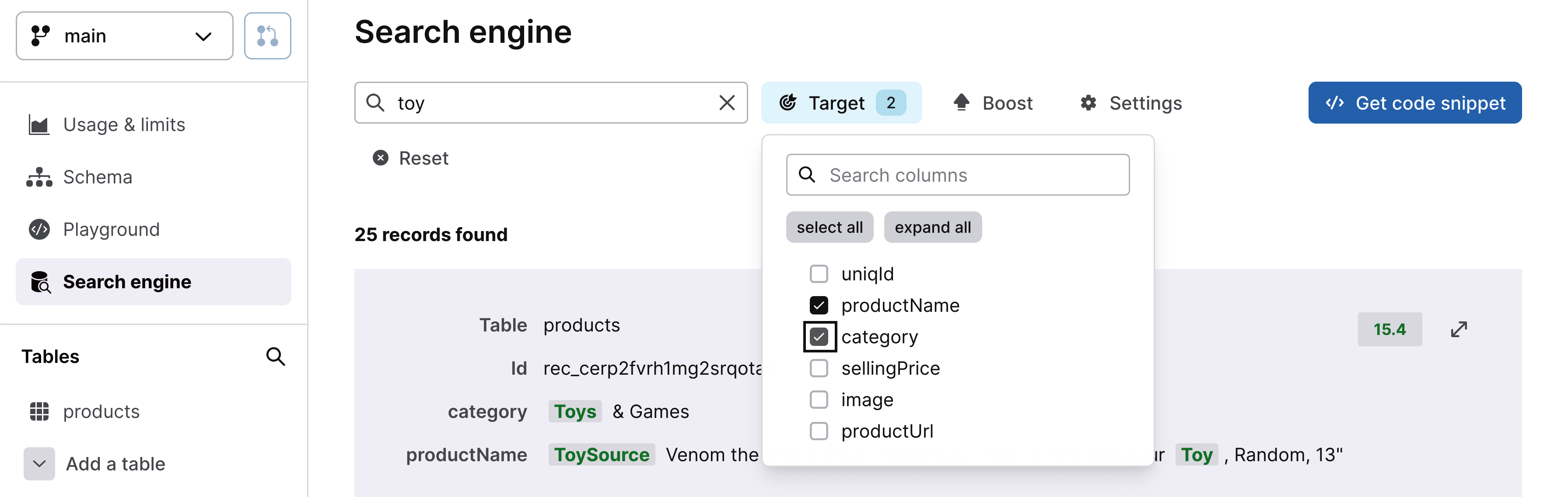 Target dropdown in Xata search engine showing product name and category selected columns