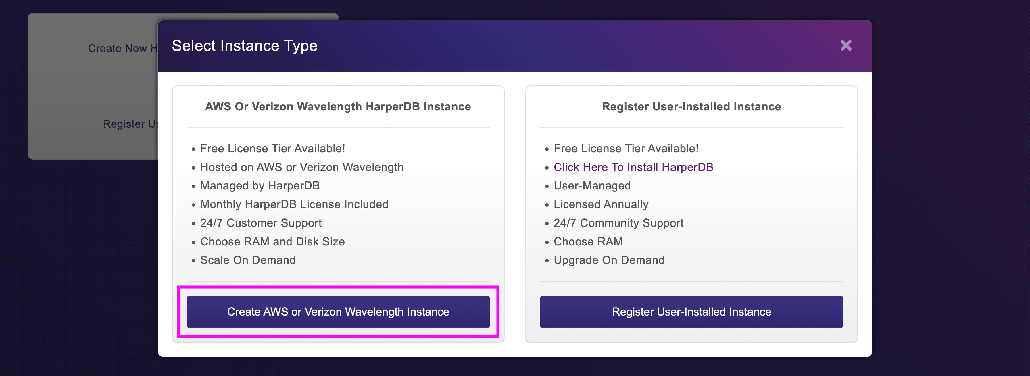 Highlighting Instance Type button selection of AWS or Verizon