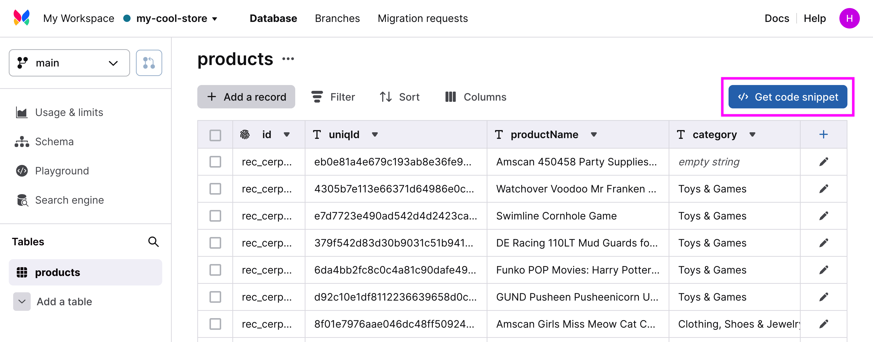 Xata database dashboard with highlighted get code snippet button