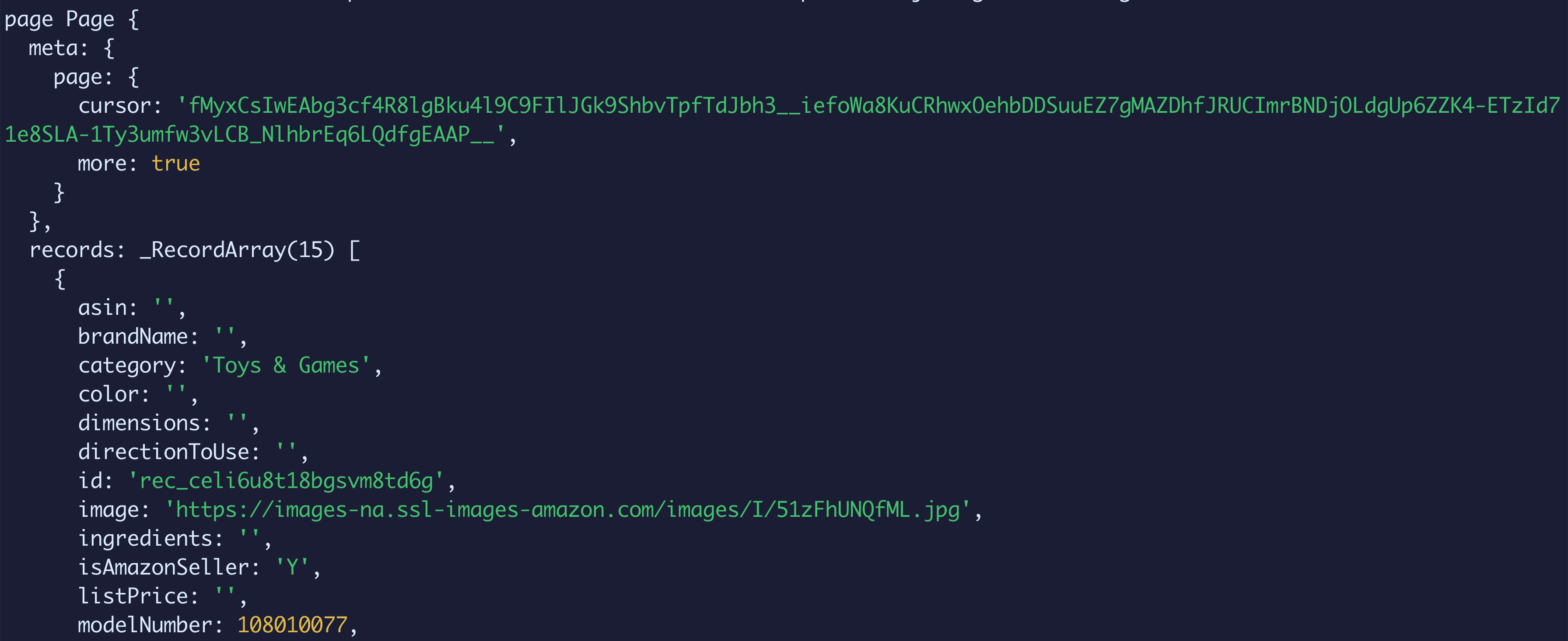 Terminal showing logged out page data including product records