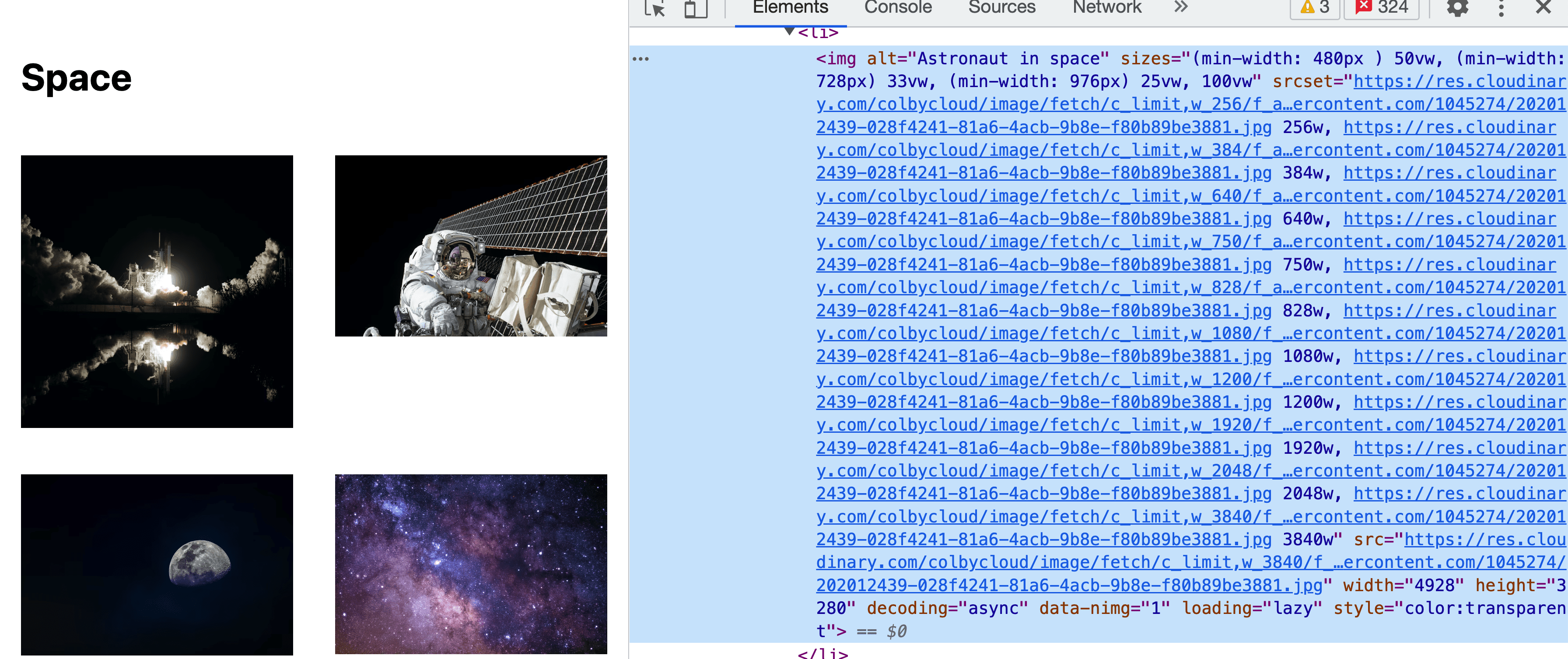 Browser Element inspector showing img tag with responsive sizes