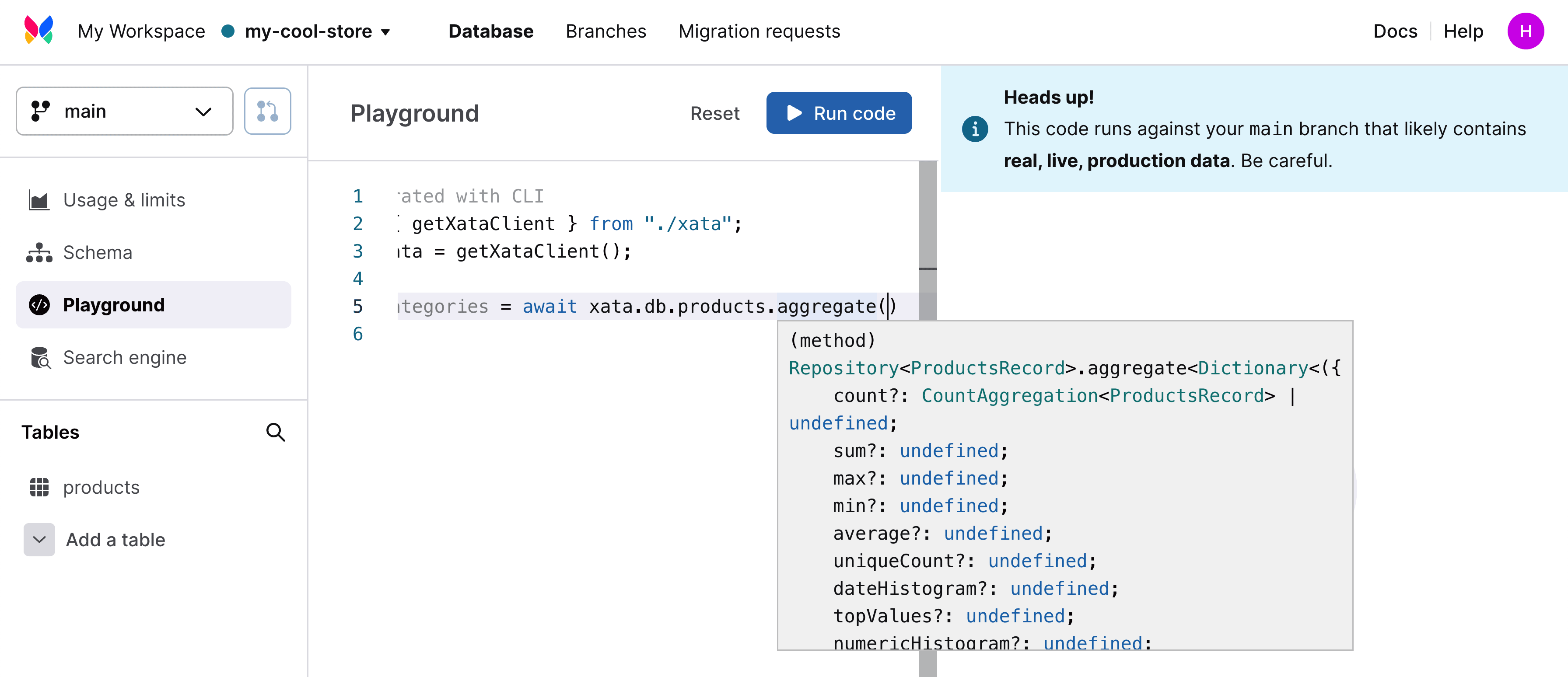 Xata playground showing aggregate method with reference tooltip