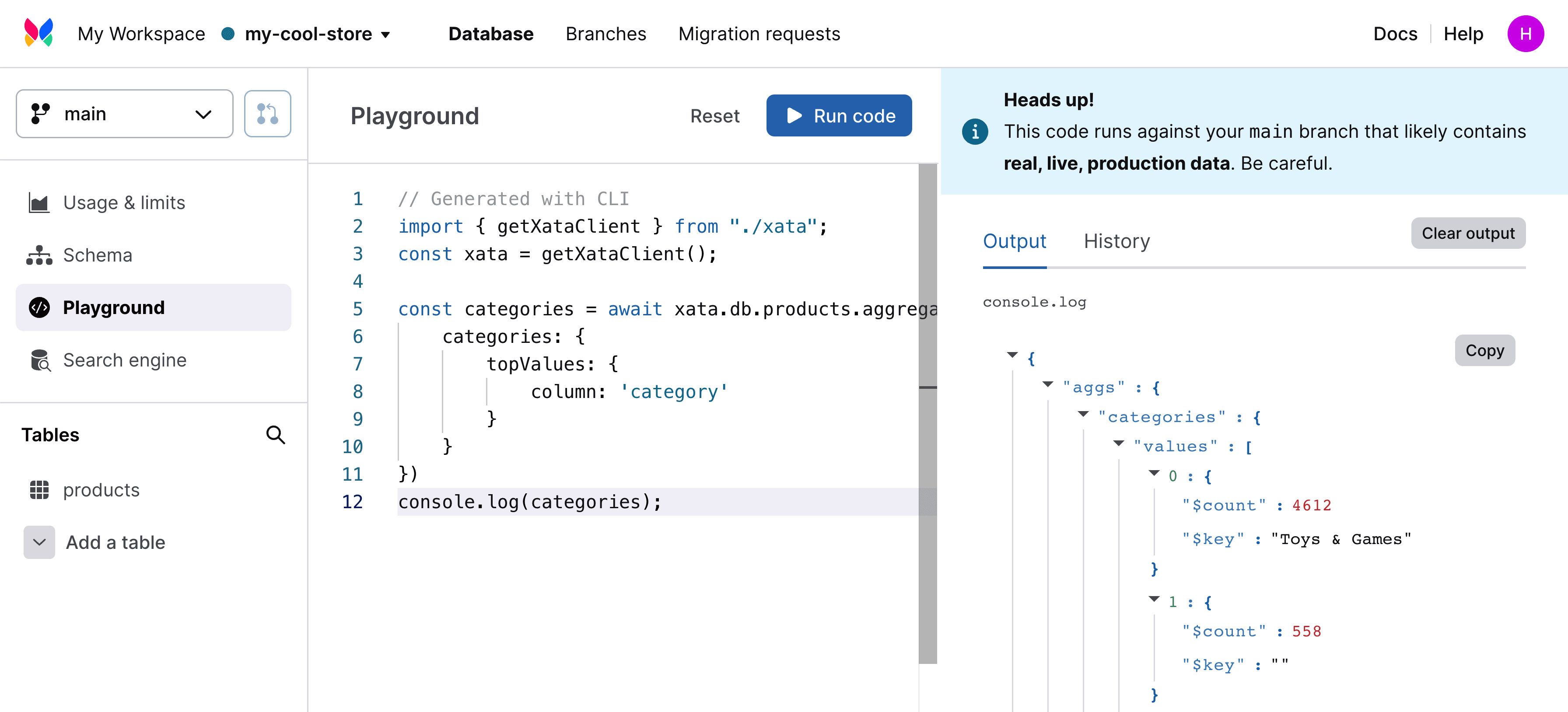 Xata Playground running products aggregate query with results