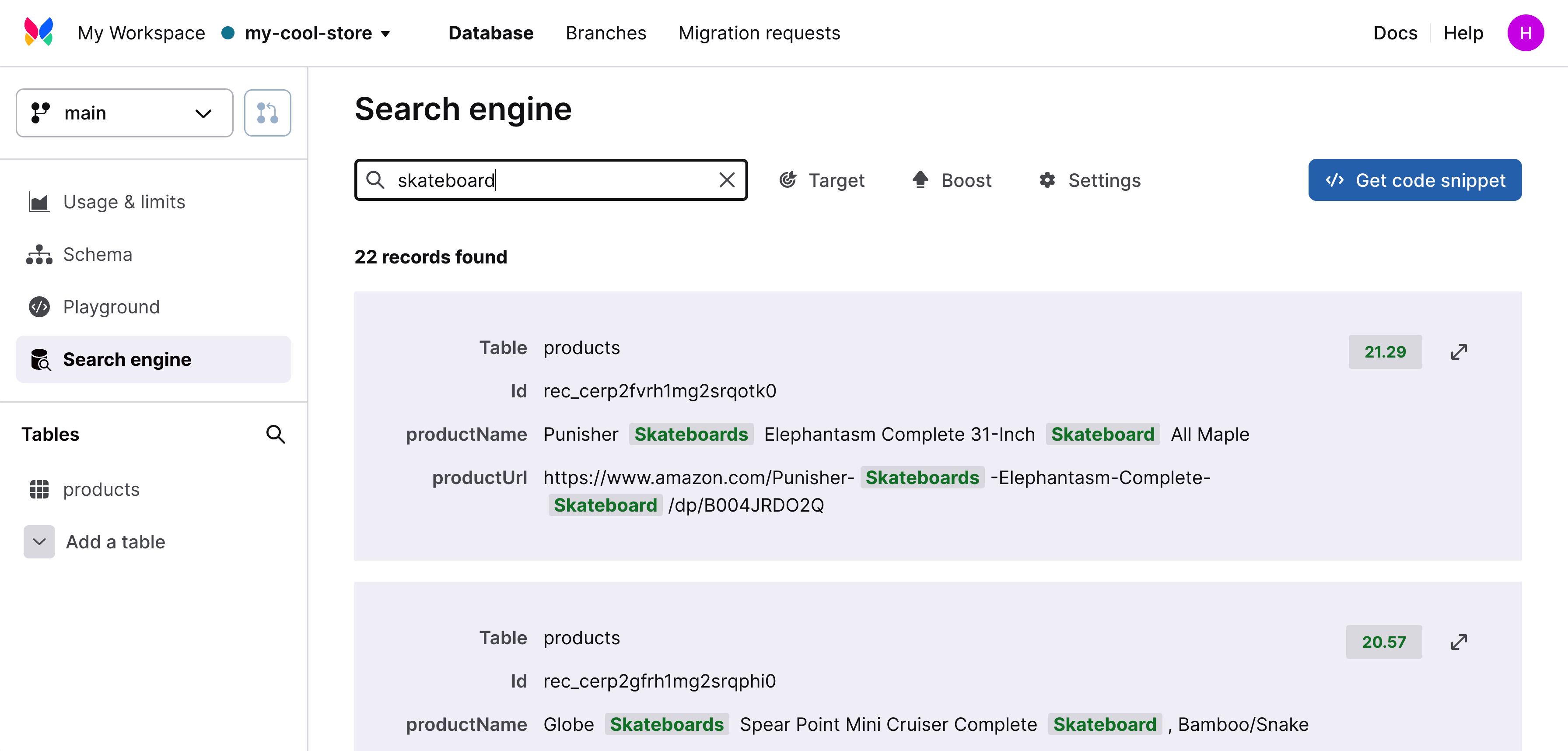 Xata search page showing "skateboard" query with results from products