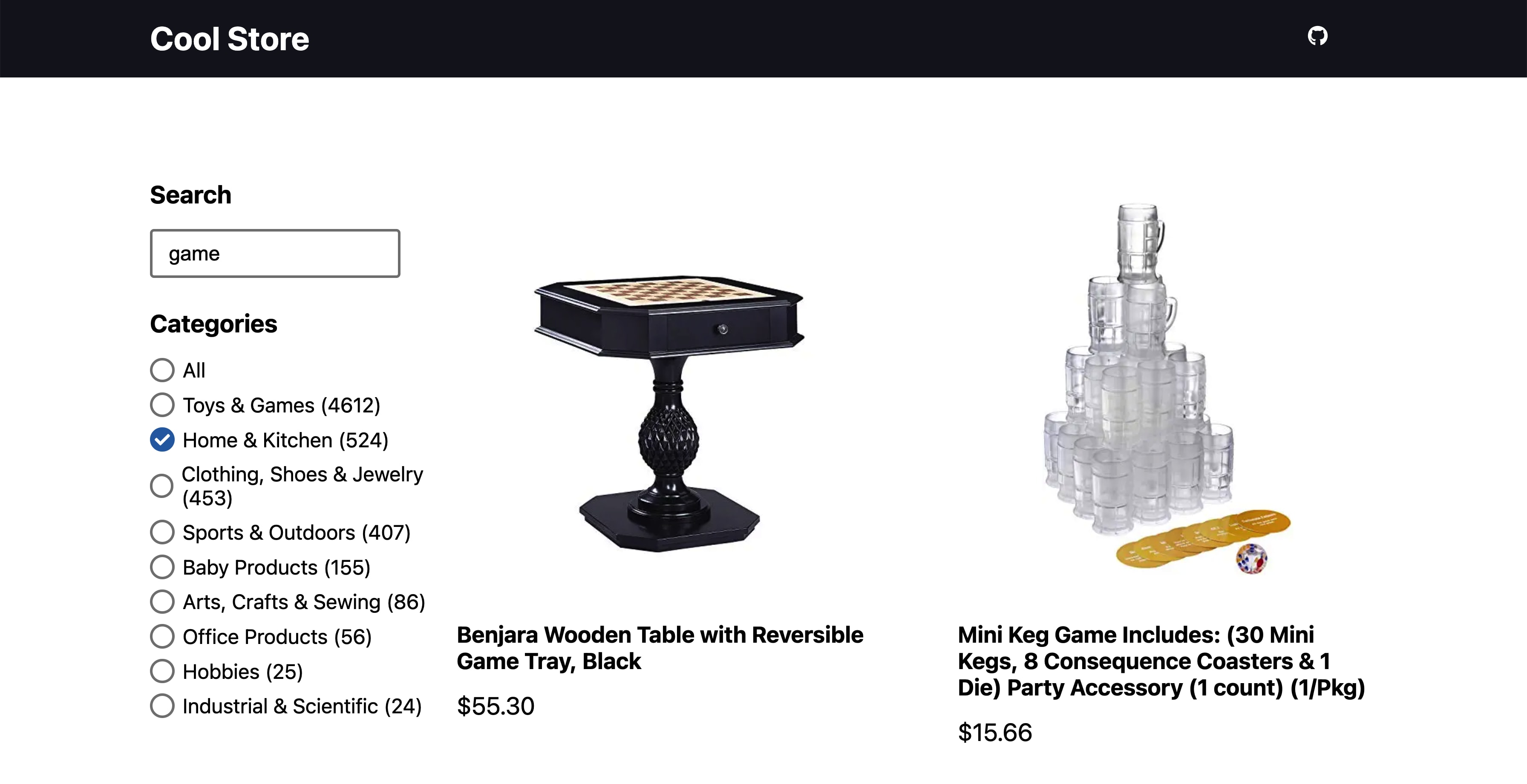 Web app showing search for game and listed products