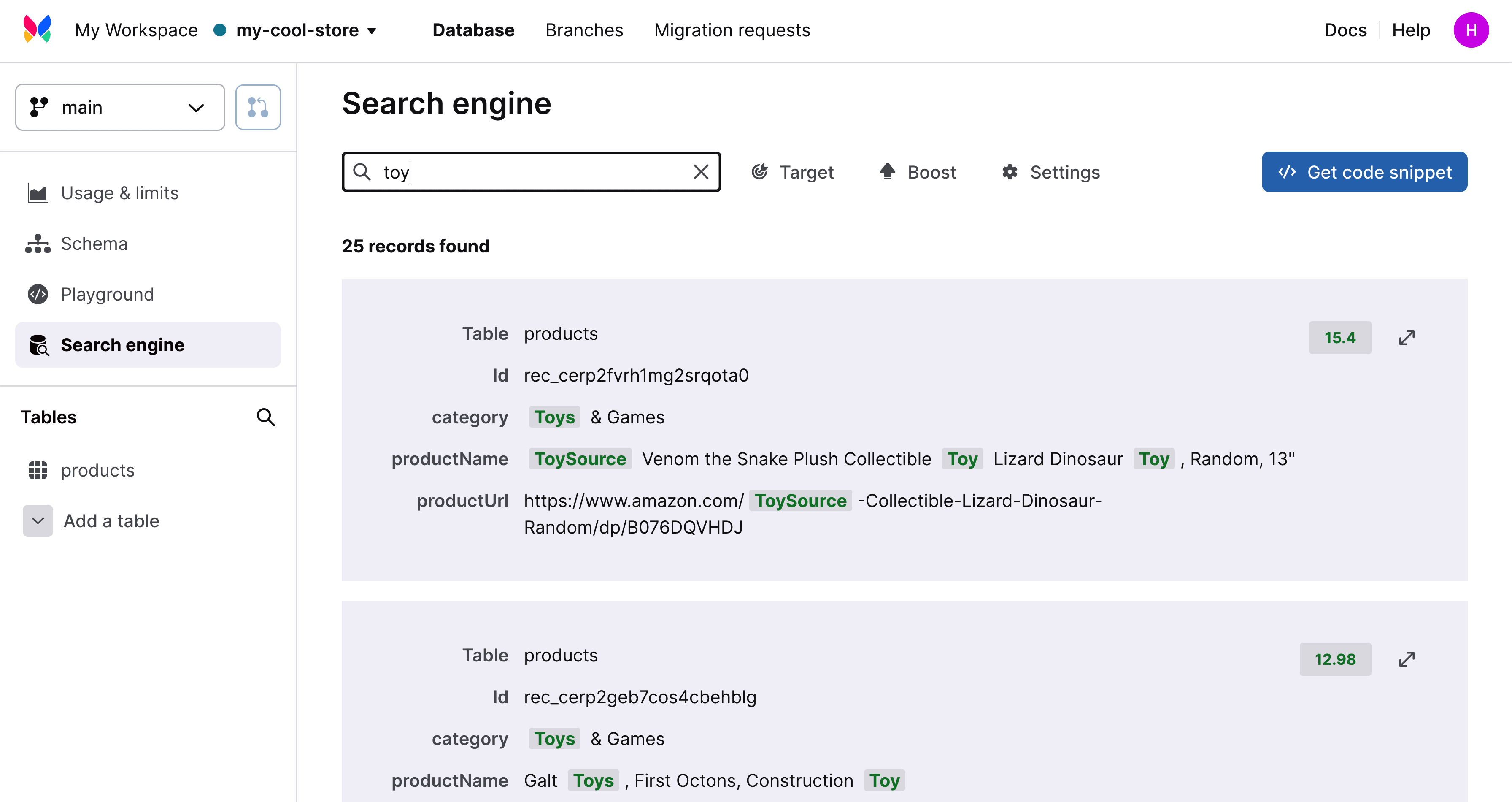 Xata search engine showing search for toy and results