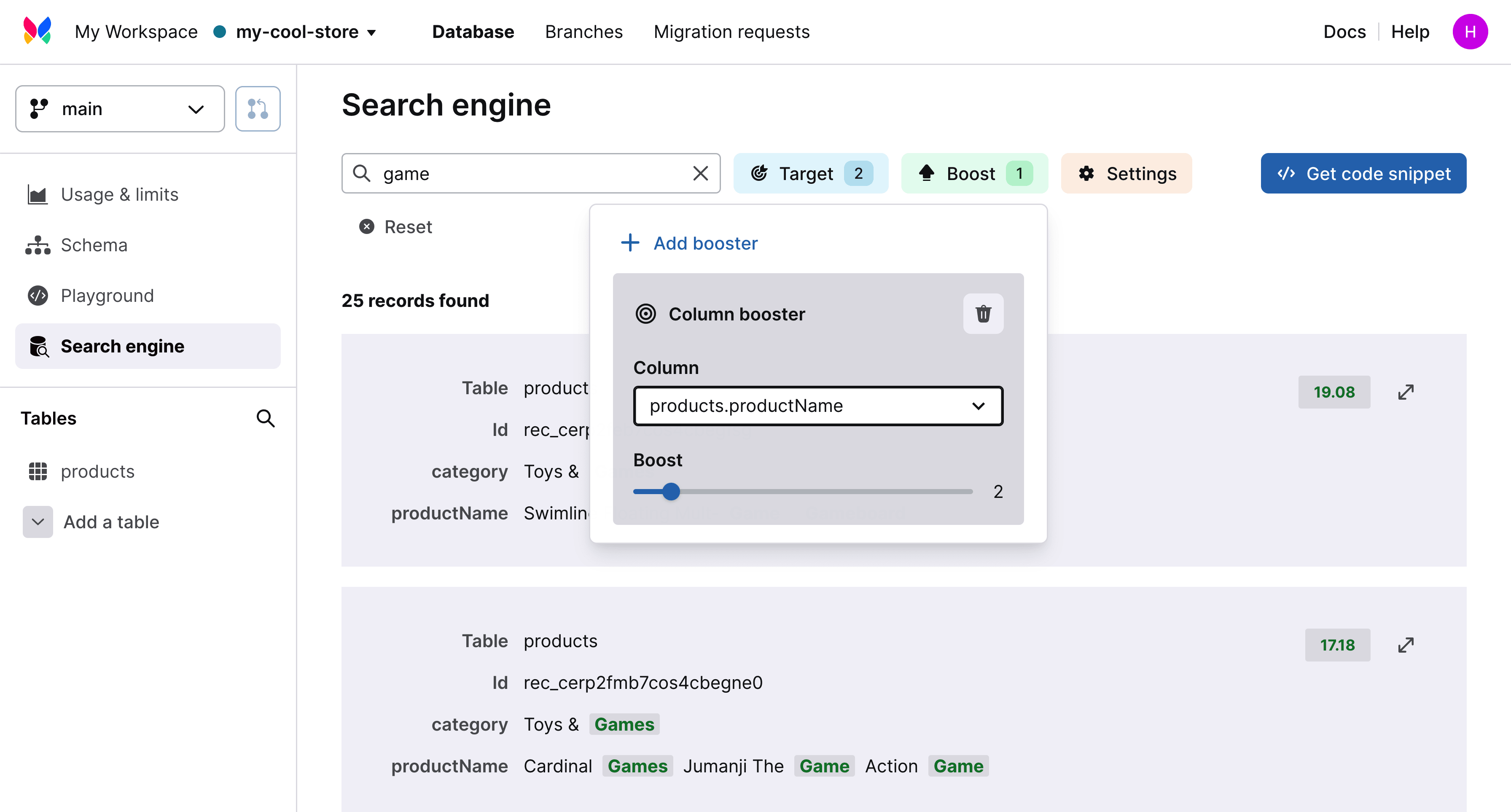 Xata dashboard showing search engine example