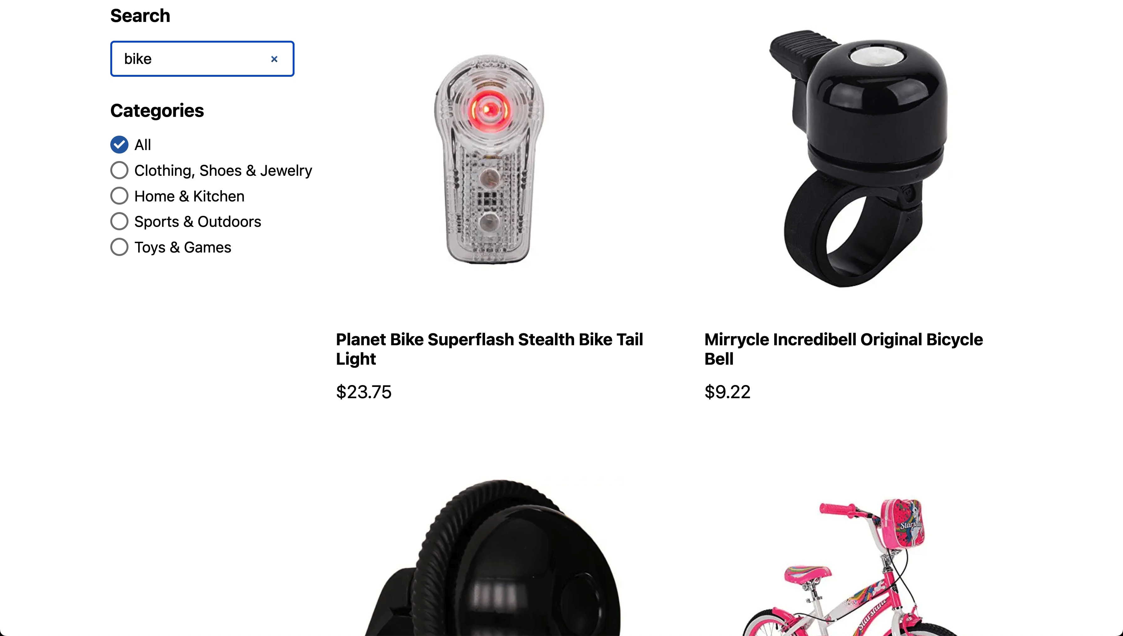 Website showing search for "bike" with matching results