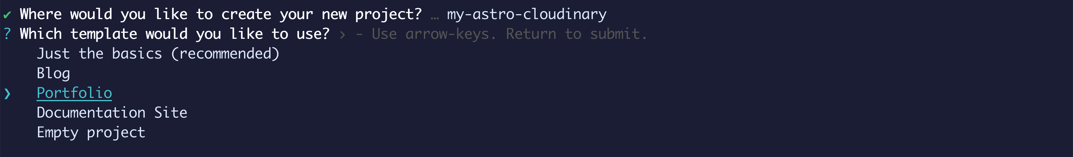 Terminal showing prompt for which template to use with Portfolio highlighted