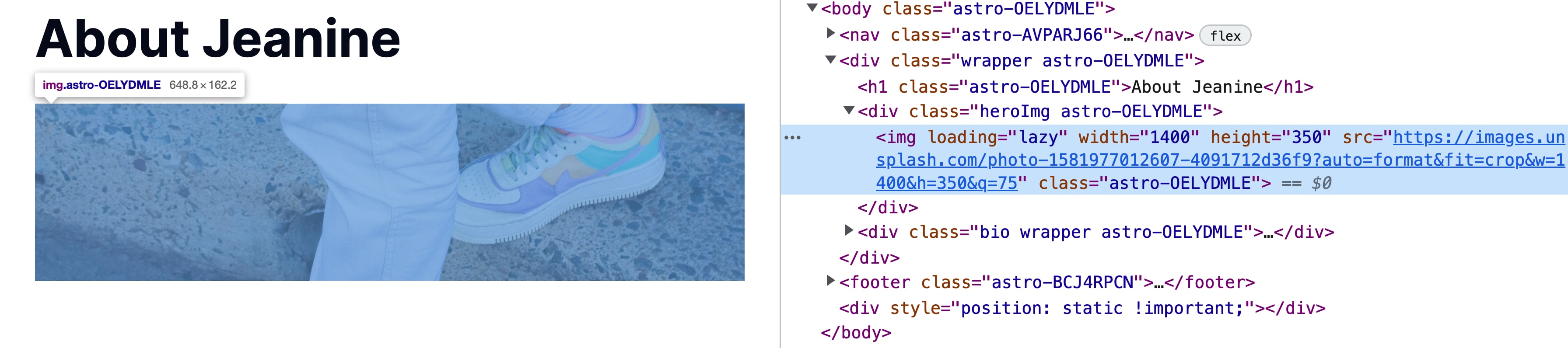 Browser with element inspector showing image loading with lazy attribute