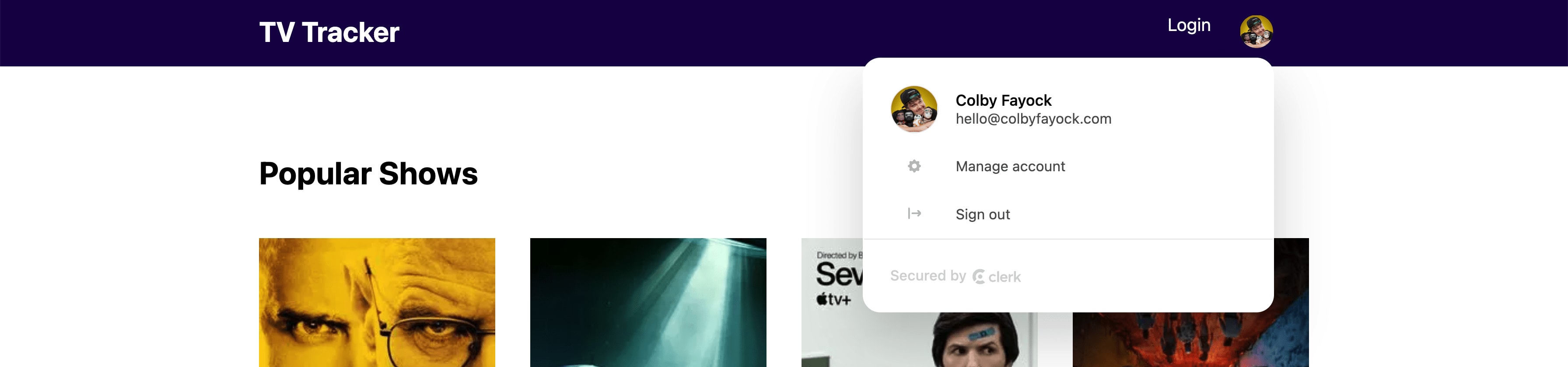 TV Tracker app with header that includes account management button