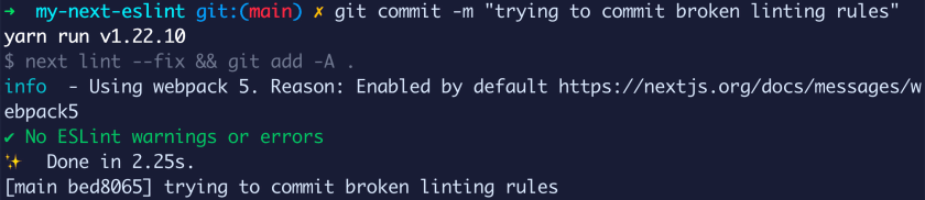 Terminal showing no linting errors or warnings after automatically fixed indentation