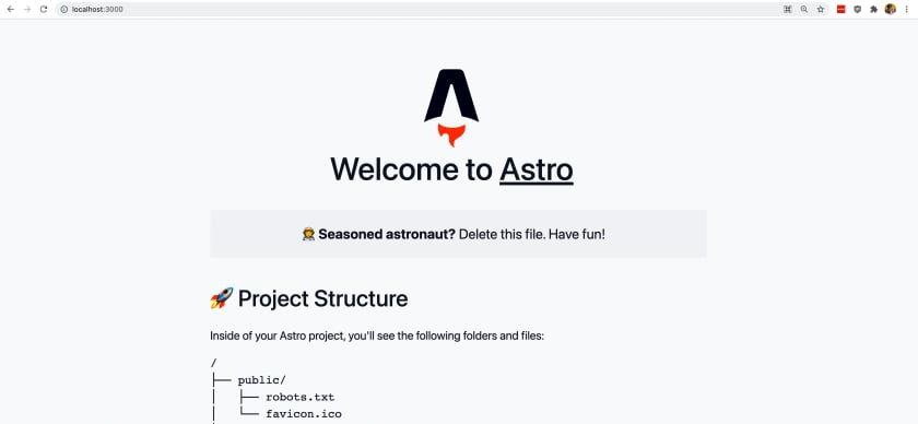 Web app showing welcome Astro message