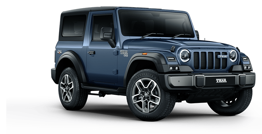 Mahindra Thar OG in Jeans Blue, front three-quarter view
