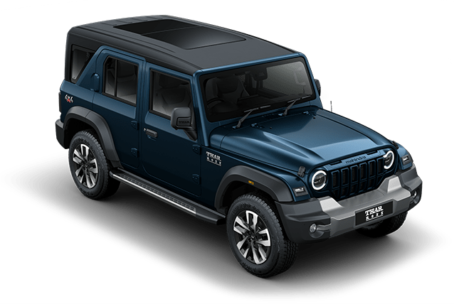Mahindra Thar ROXX in Nebula Blue, front three-quarter view